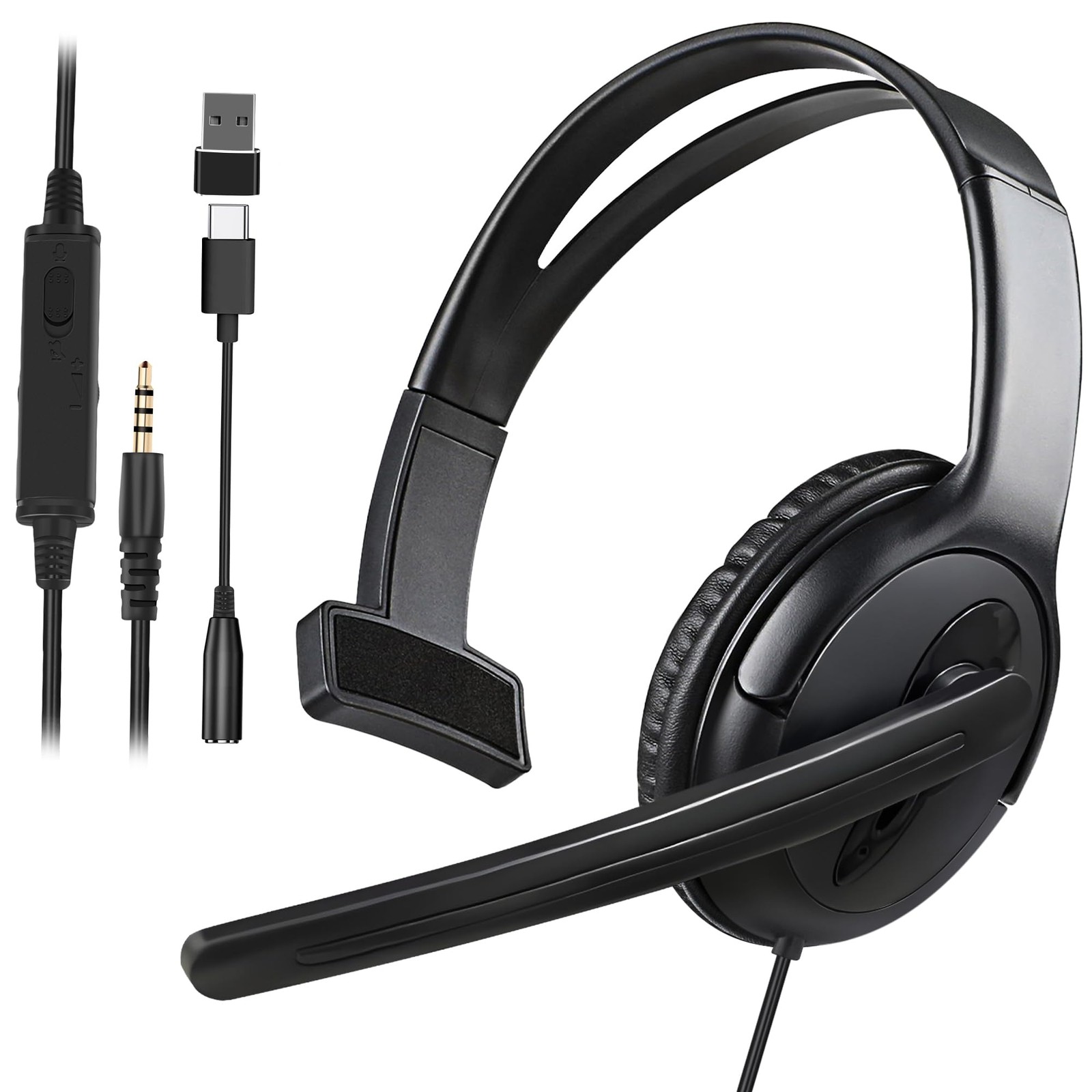 Wired One Ear Headset with Mic, 3.5mm/Type-C/USB Gaming for Black