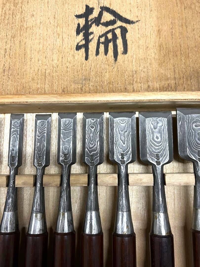 Tasai  Japanese Damascus Bench Chisels - Mokume Oire Nomi Set of 12 Nenrin + Box