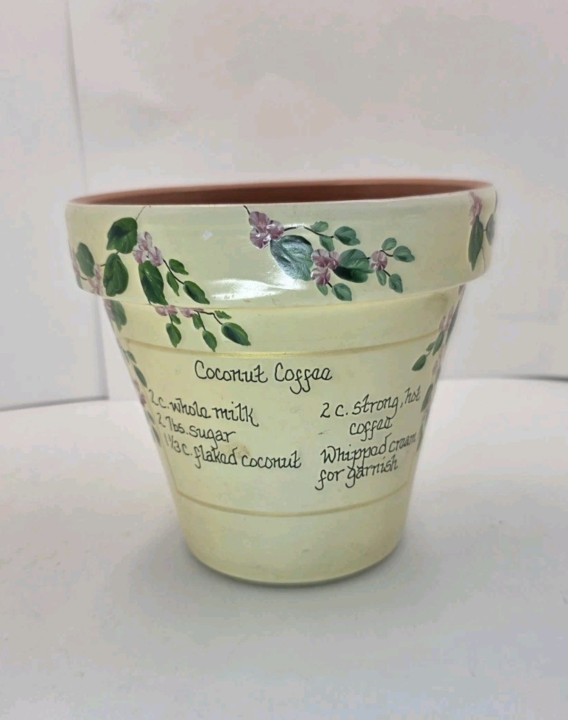 Ceramic Kitchen Utensil Holder Crock Coffee Recipe Hand Paint Planter Floral 6"