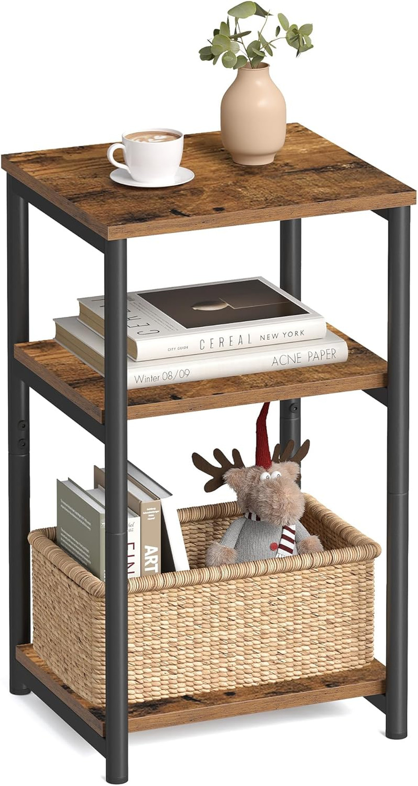End Table Steel Frame Rustic Brown Ink Black Modern Tall Nightstand Bedroom