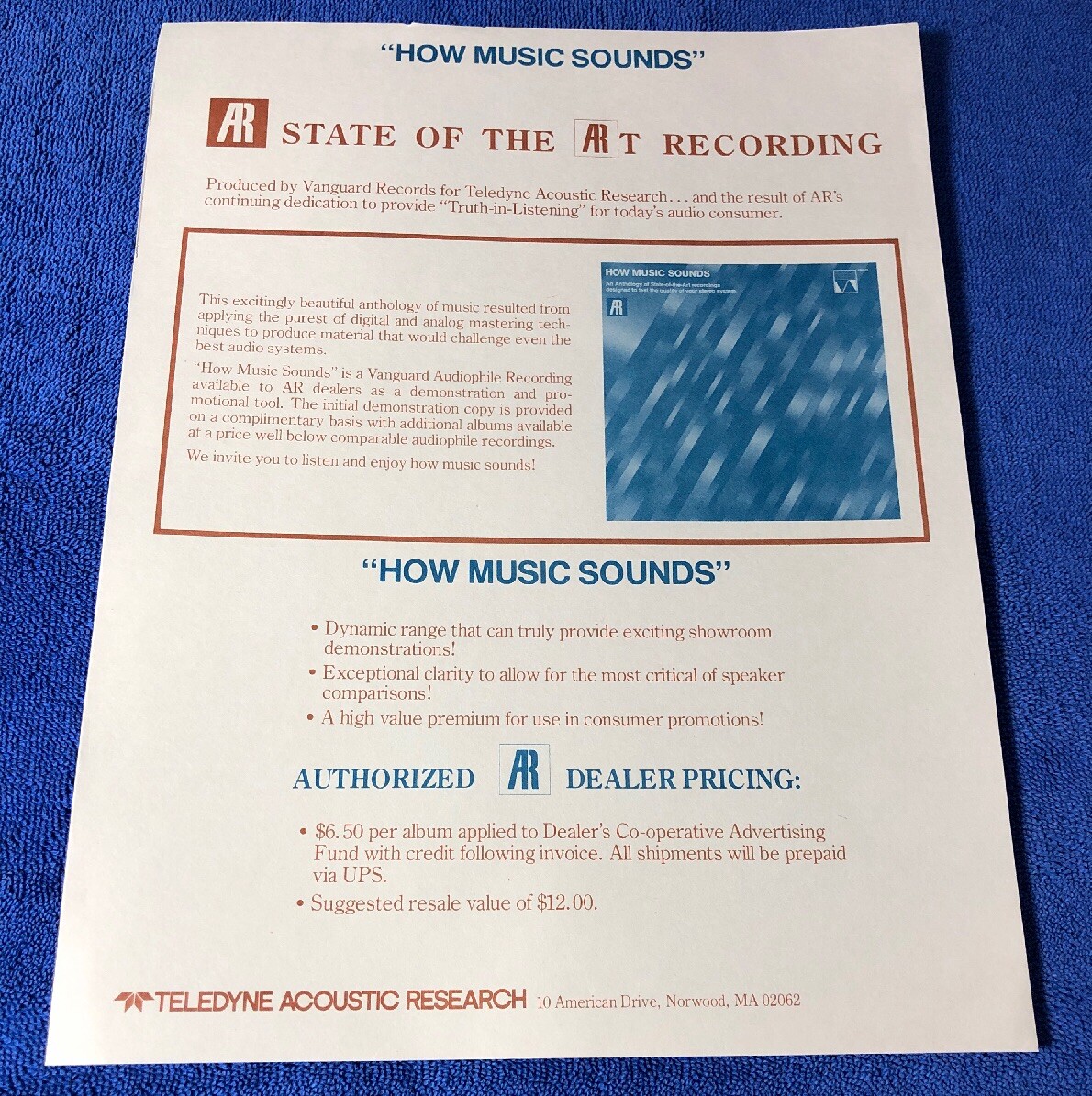 ACOUSTIC RESEARCH AR "HOW MUSIC SOUNDS" ORIGINAL PROMOTIONAL LEAFLET AD M409x