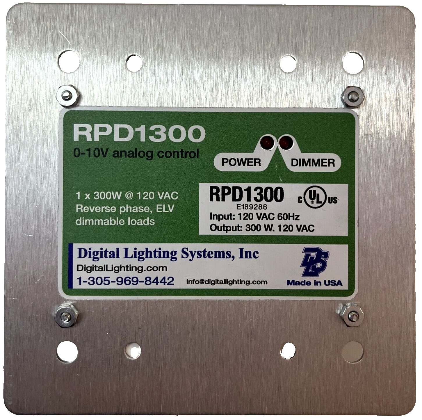 RPD1300: 0-10V to 300 W. Reverse Phase, ELV LED dimmer. UL Listed, MADE IN USA