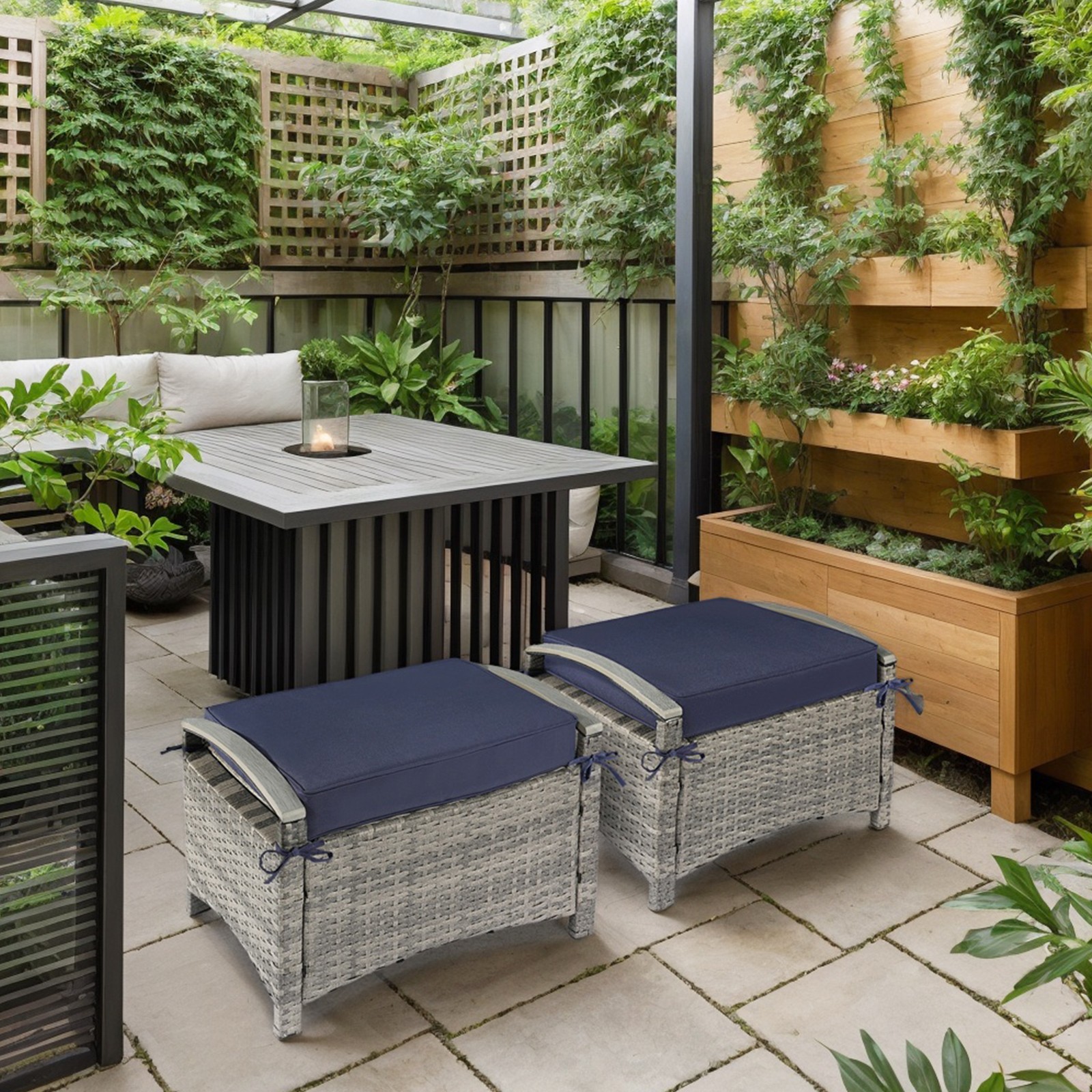 2 PCS Indoor Gray Rattan with Blue Cushion Plastic Wood Armrest Rattan Footstool