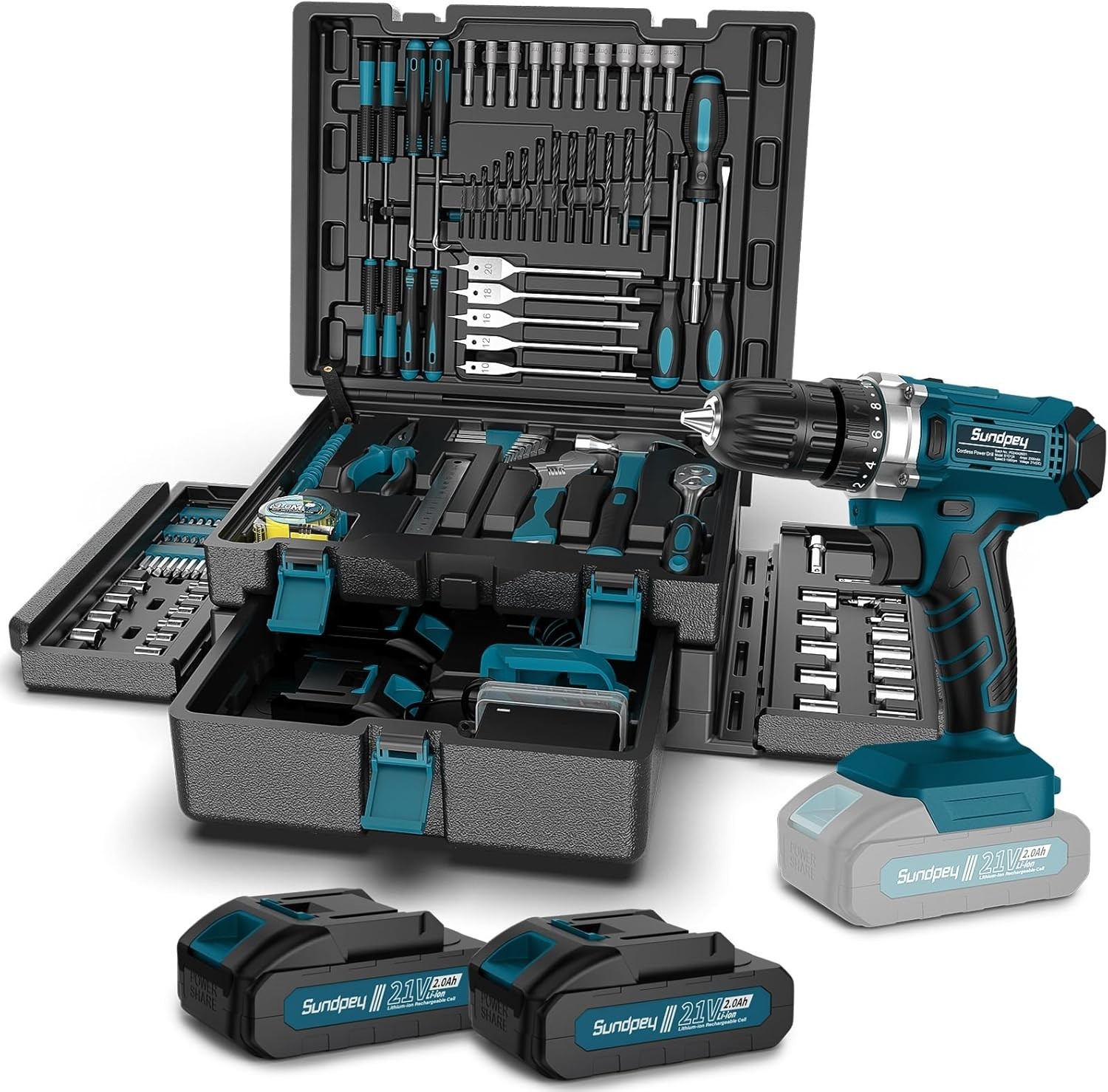 Tool Kit with 21V Cordless Drill - 255-PCs Portable Complete General Basic Ho...