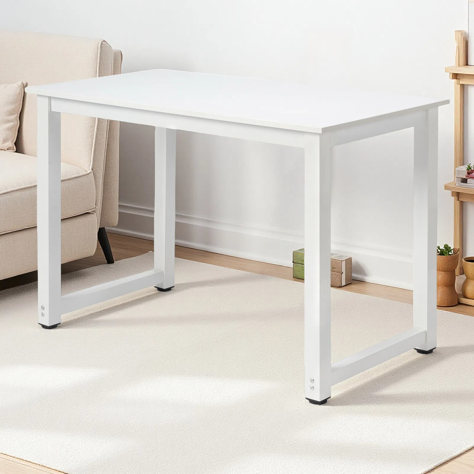 Simple Computer Desk - Portable, White, Steel White Frame & Adjustable Foot Pad