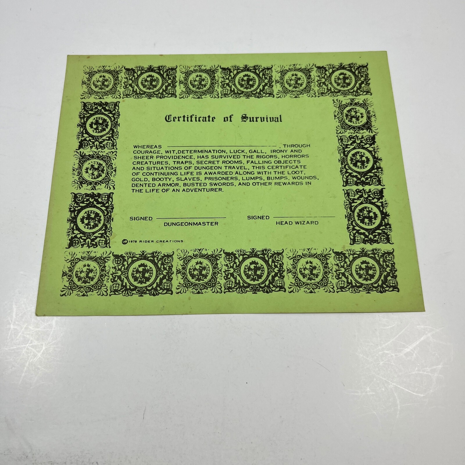 Armory Fantasy RPG Certificate of Survival Bag Rider Creations 1978