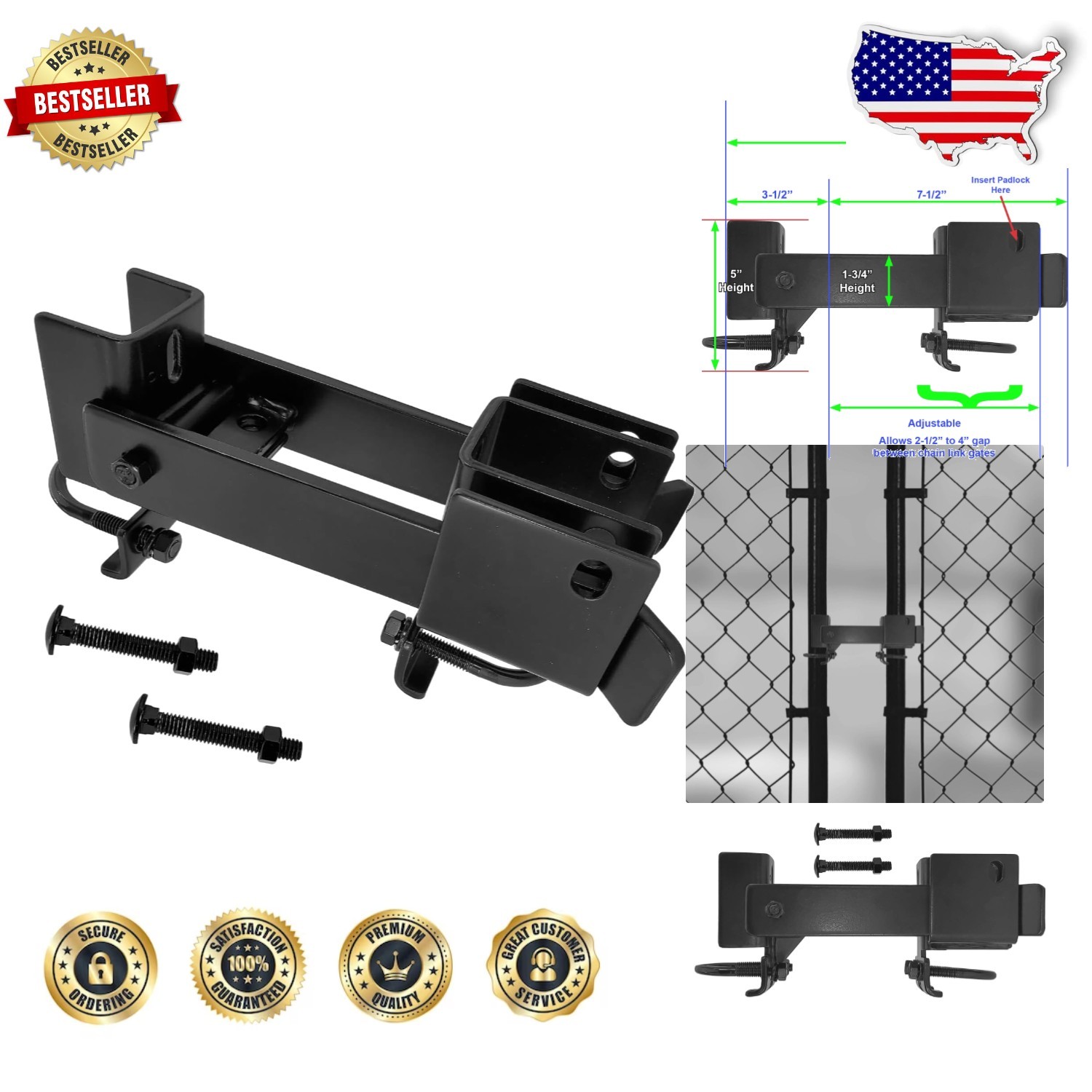 Heavy Duty Black Double Gate Latch - Chain Link Securely Latches Gates, No Dr...