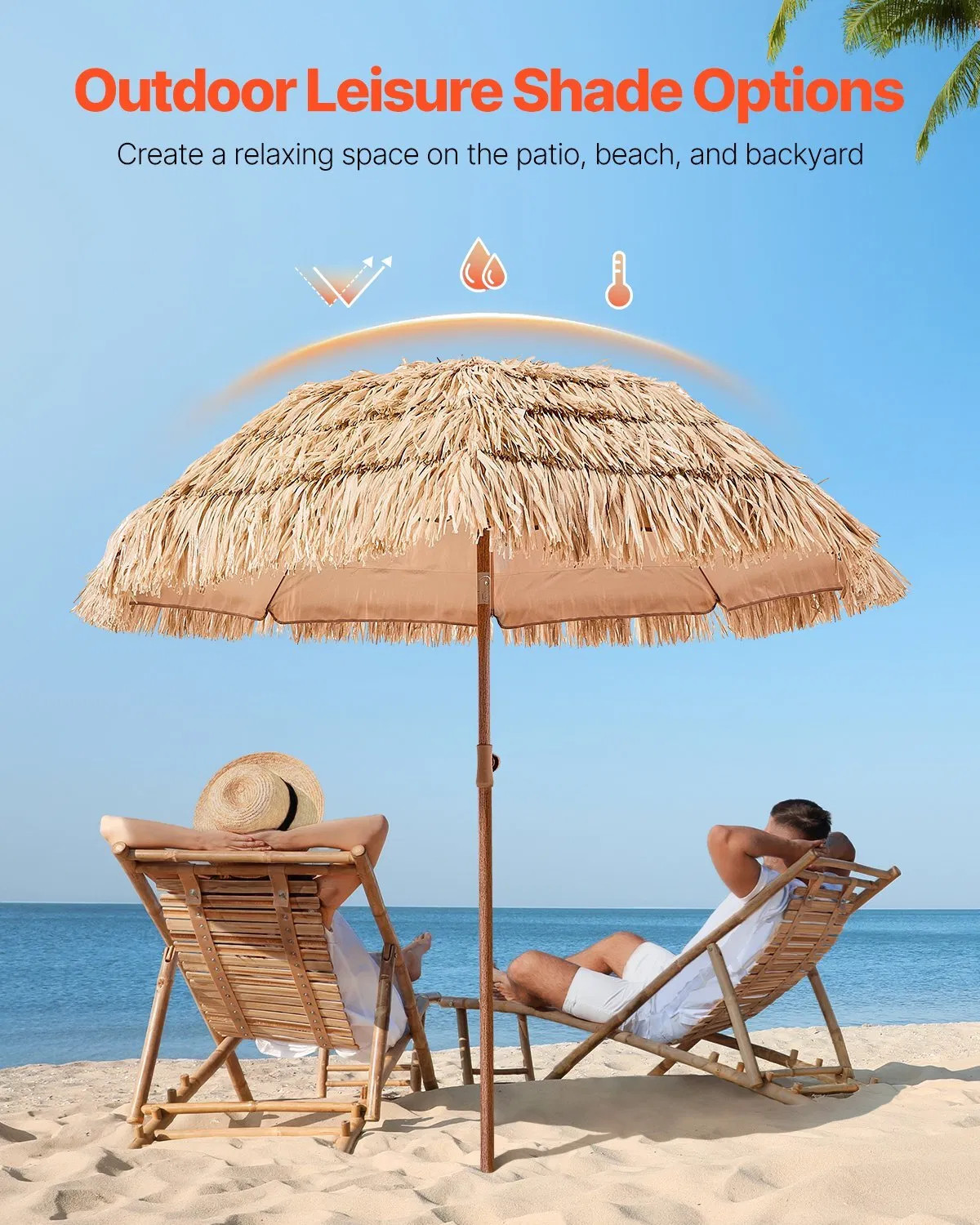 Tiki Umbrella, 6.5 ft Thatched Patio Umbrella with Tilt, Hawaiian Style Beach Pa