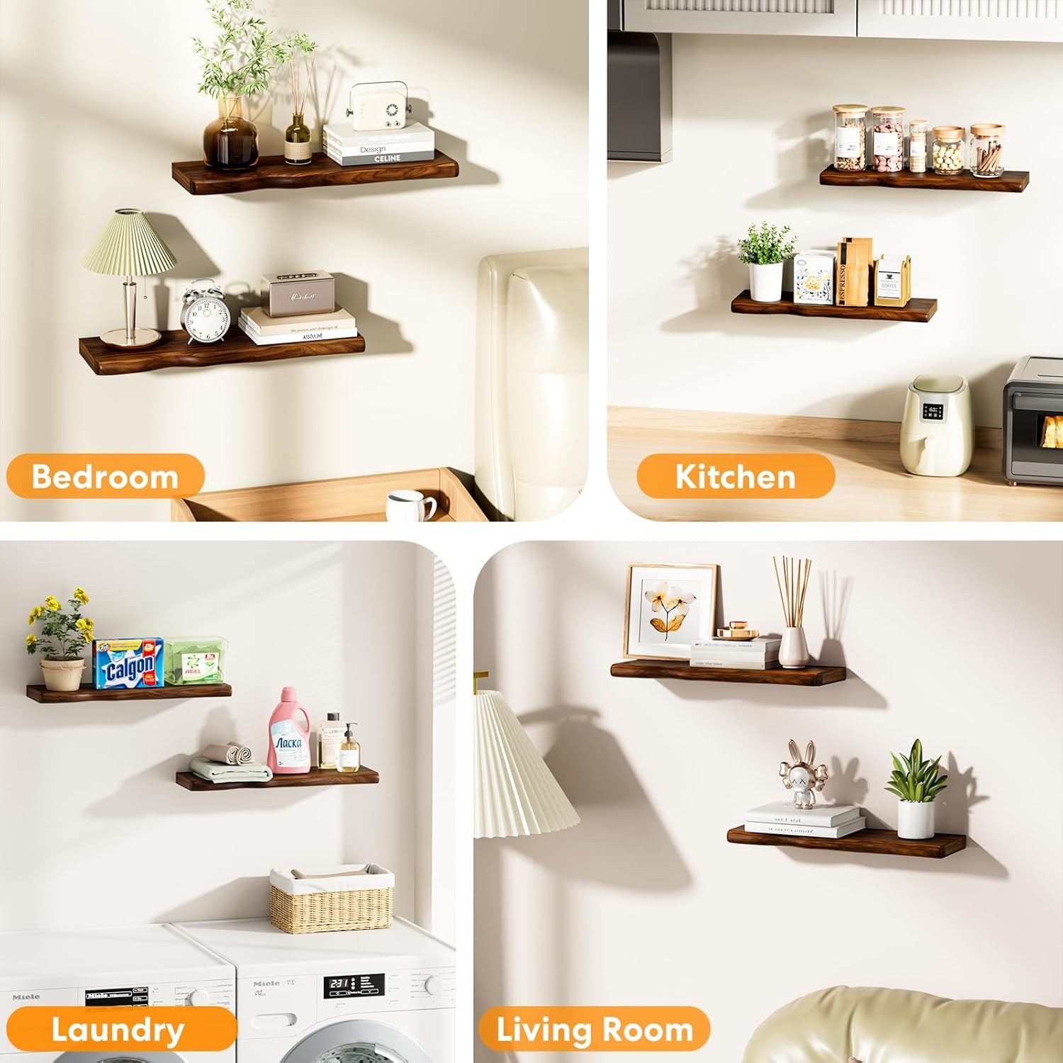 24in Solid Wood Live Edge Floating Shelves Rustic Wall Shelf Set Walnut