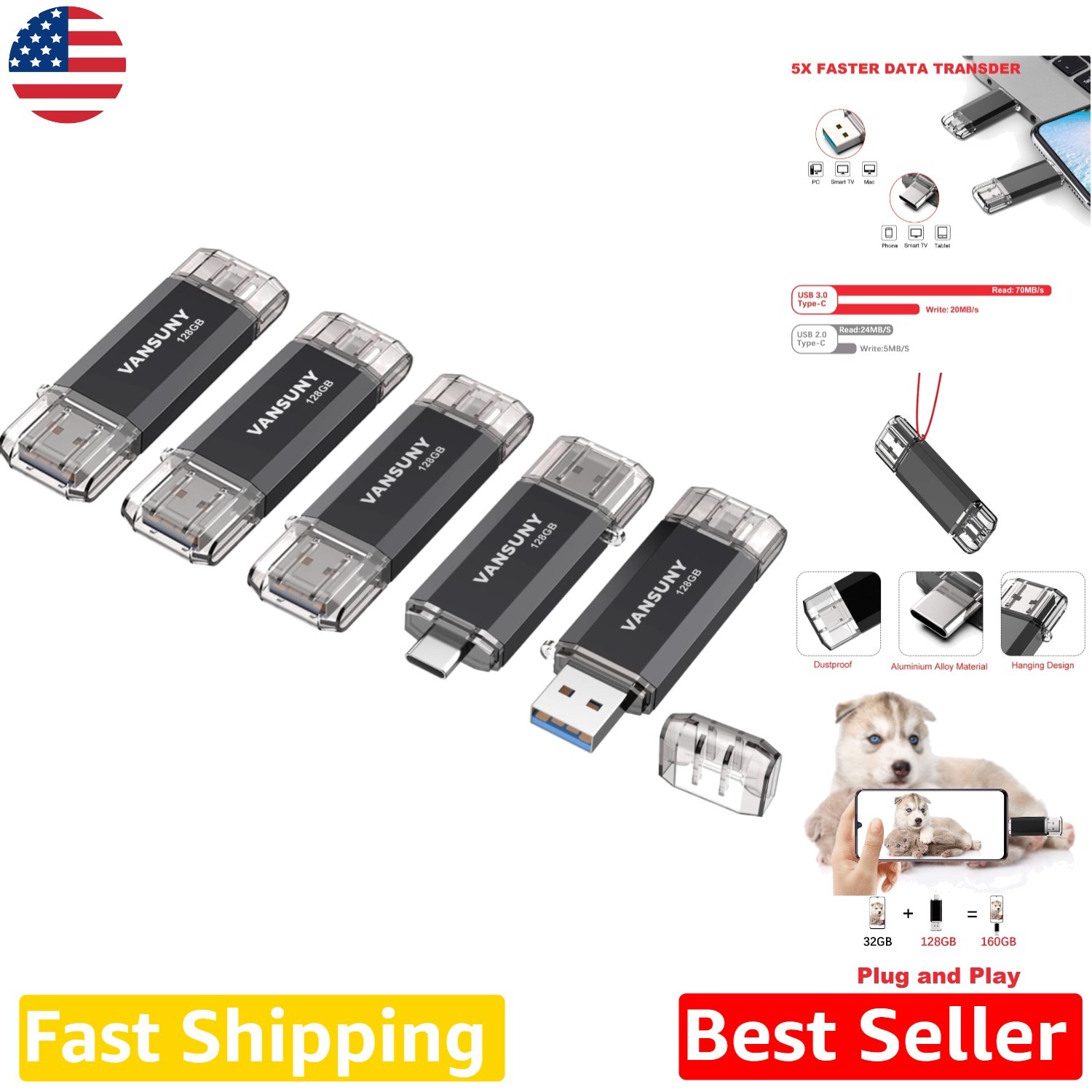 Pro 5 Pack 128GB USB C Flash Drive - Fast USB 3.0 OTG Memory Stick