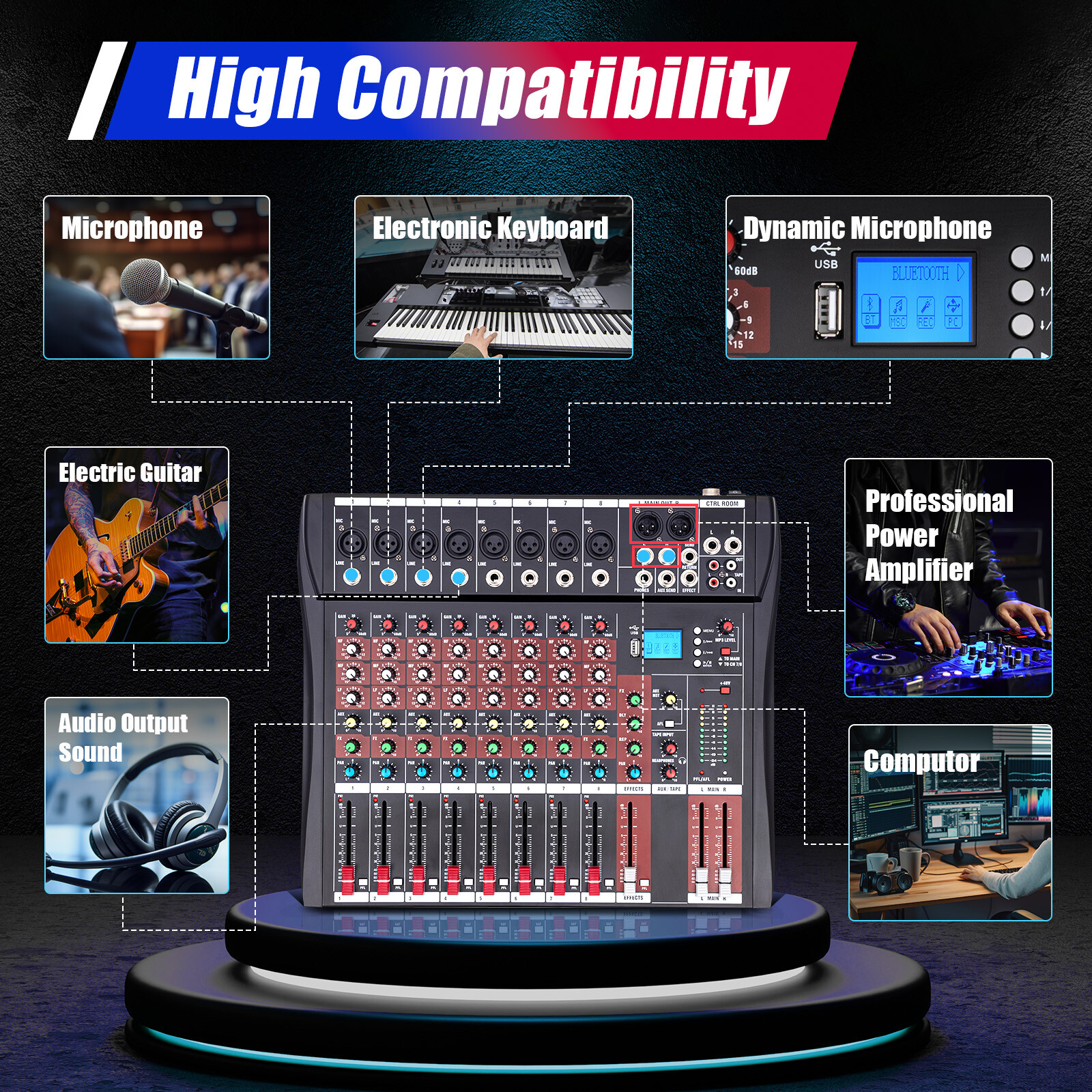 8 Channel USB Bluetooth Live Studio Audio Mixer Power Mixing Console Board w/USB