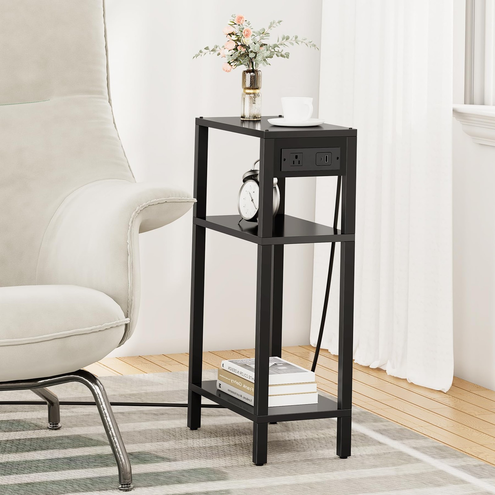 Narrow Side Table with Charging Station,Small End Table with USB Ports and Ou...