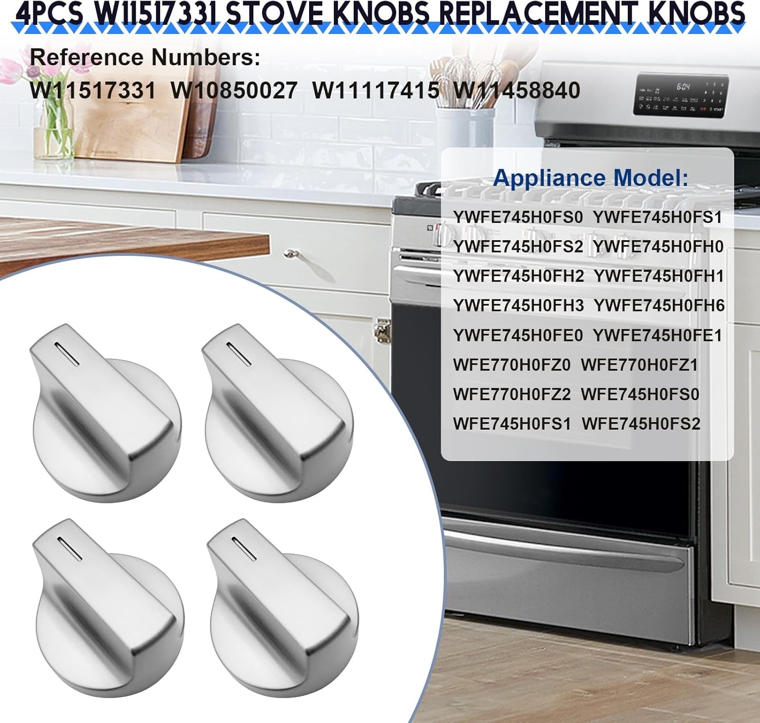W11517331 for Whirlpool Electric Range Knobs (4pcs) Replace W10850027 W11117415