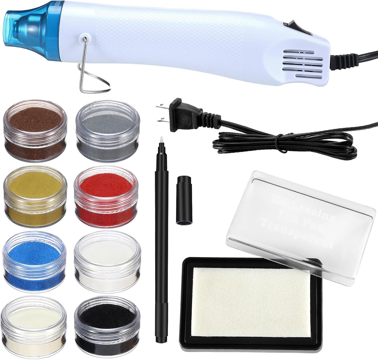 Embossing Kit with Heat Tool Bundle, 8 Colored Shimmer Powders, Ink Pad, Pen