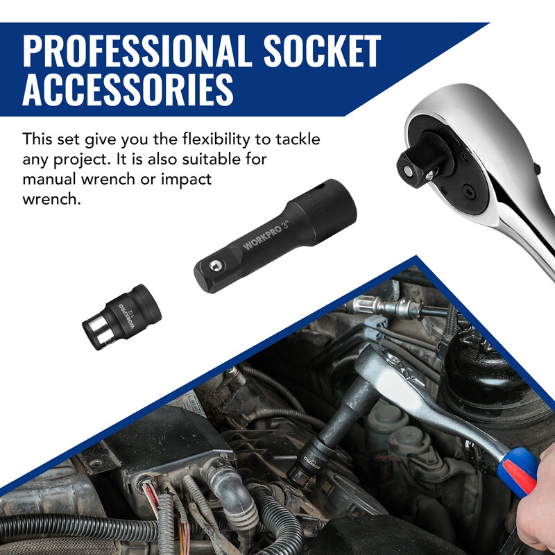 WORKPRO 18-PCS Drive Tool Accessory Set 1/4"&3/8"&1/2" Socket Adapter Extensions