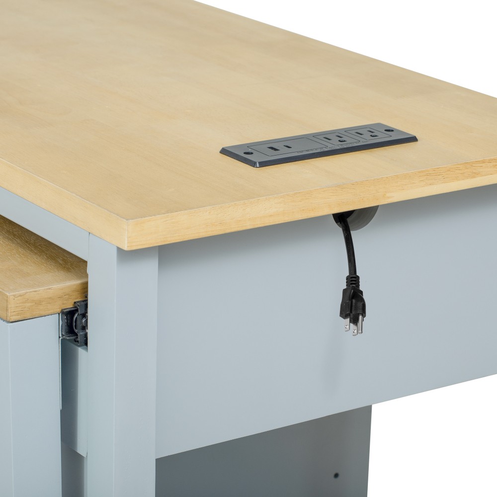 47-inch Kitchen Island w/ Extendable Table, Storage, Outlet - Grey Blue