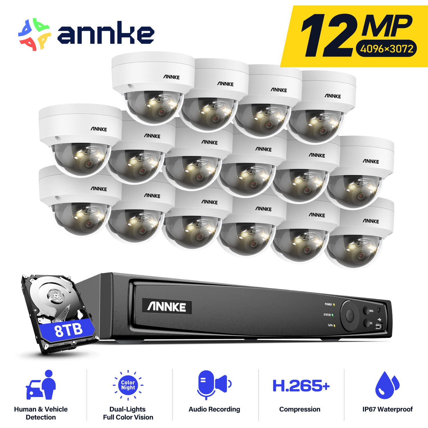 ANNKE 16CH NVR 12MP Color Night PoE Security IP Camera System Audio Recording AI