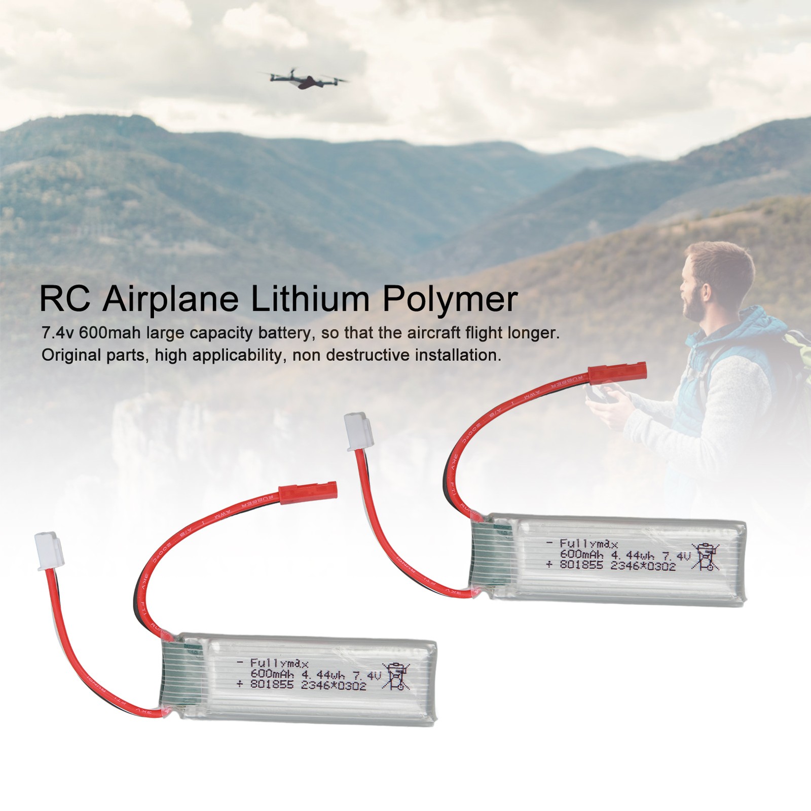 2PCS 7.4v 600mah Large Capacity RC Airplane Replacement Batteries For