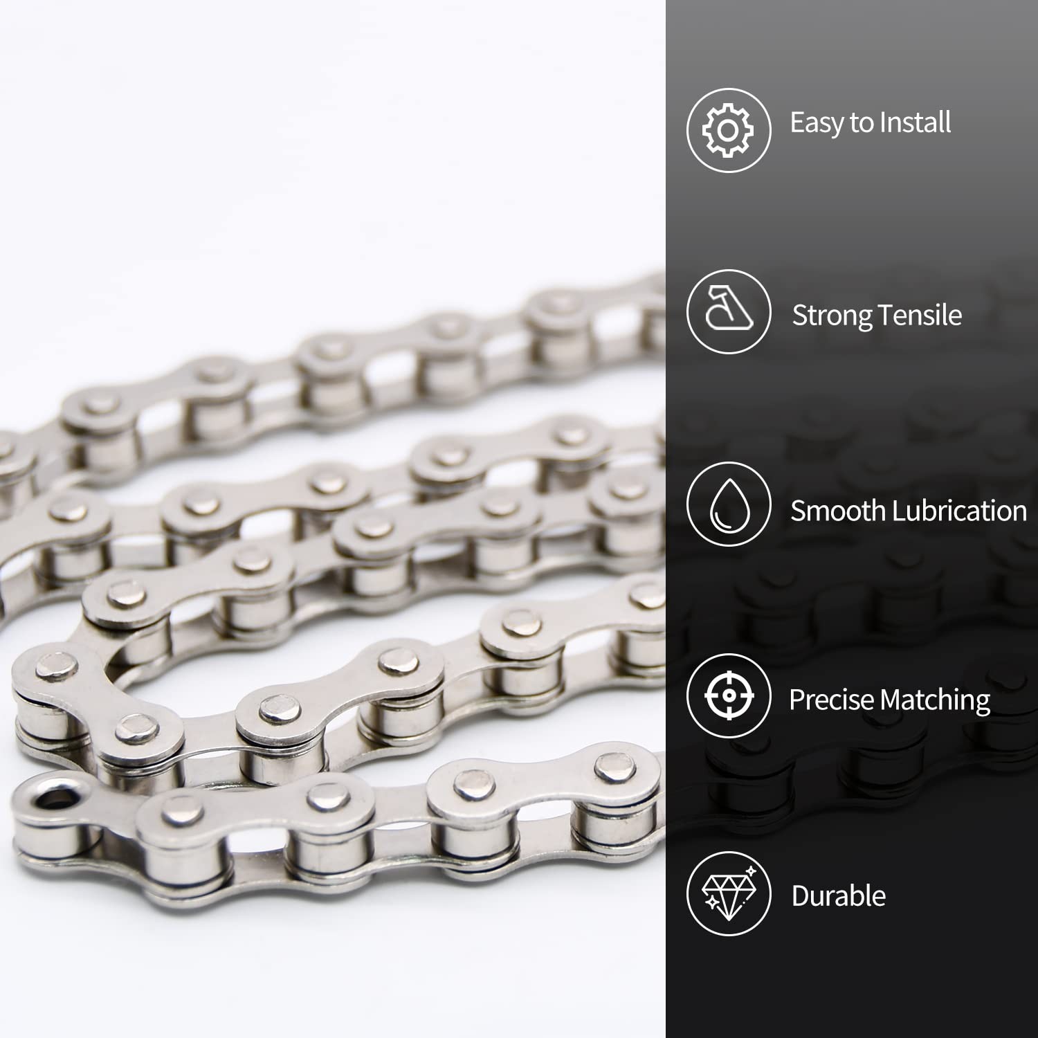 Easy Install Single Speed Bike Chain - Rust-Resistant 114 Links - Silver Finish