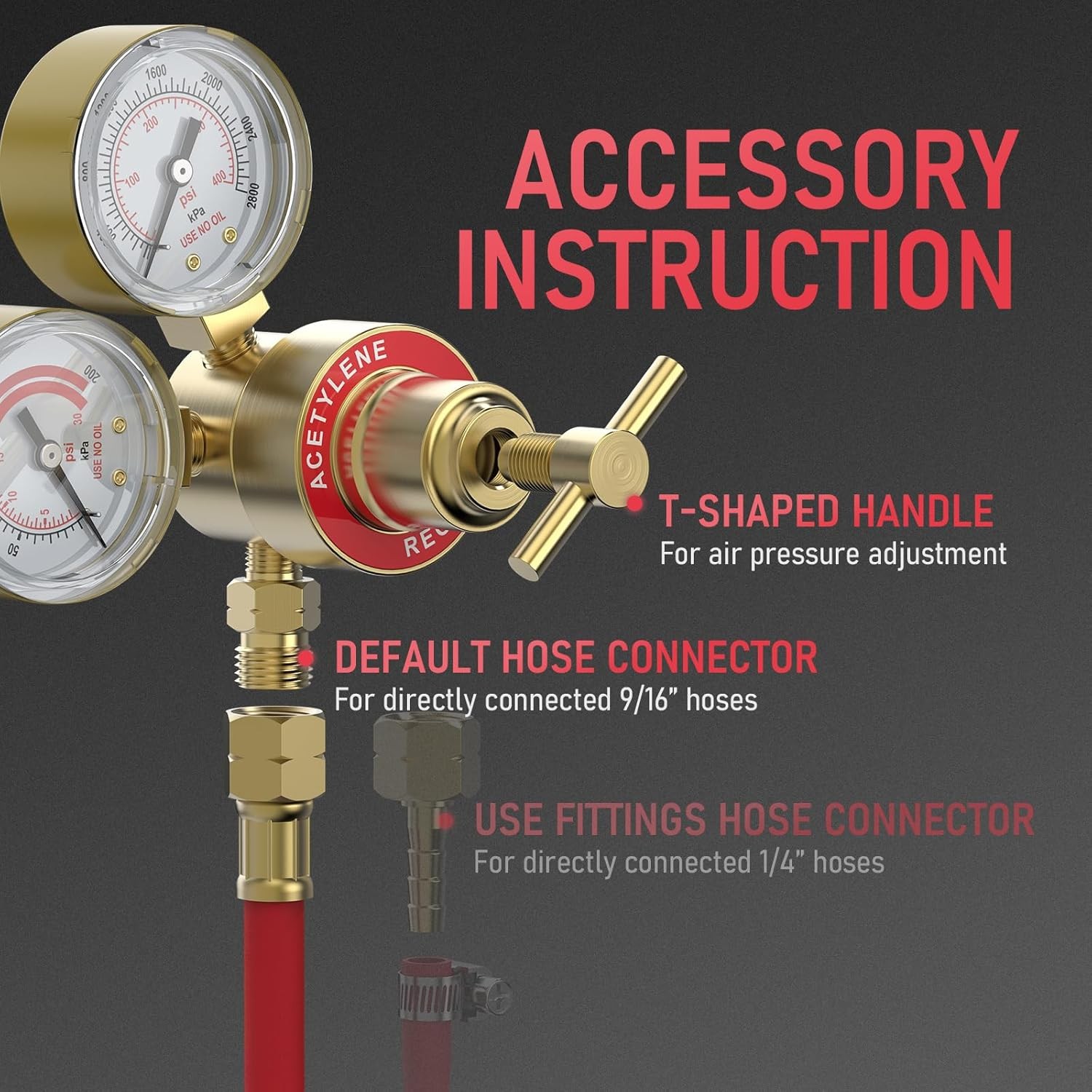 Acetylene & Oxygen Regulator, CGA540 & CGA200, with T-Handle & Hose Connector