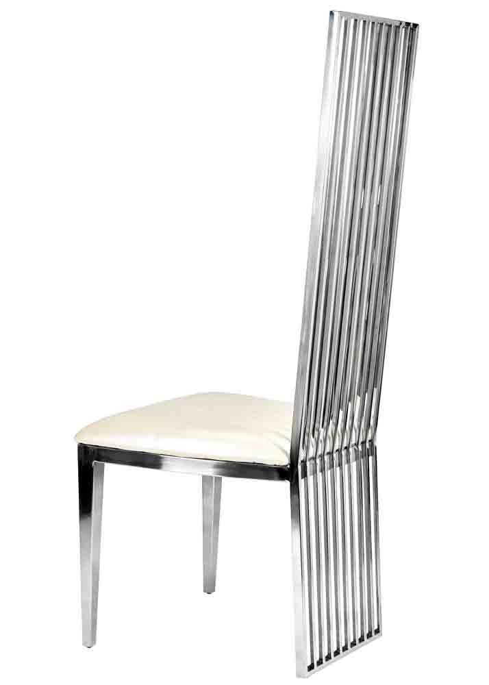 Silver Stainless Steel High Back Chair, Silver Frame, White Vinyl Seat-Chivari