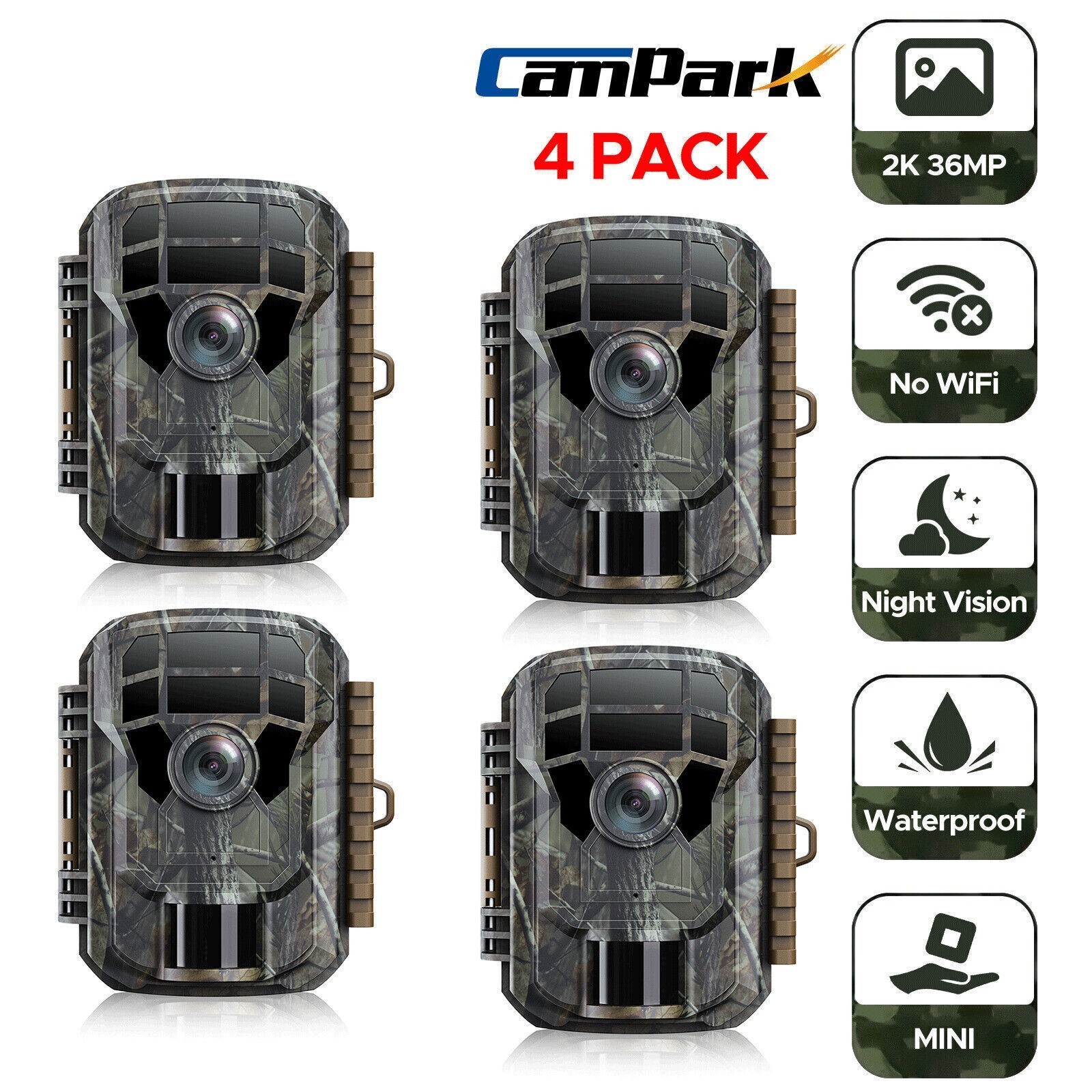 4 Pack Campark Mini 36MP Game Trail Deer Camera 2K Wildlife Hunting Game Cam