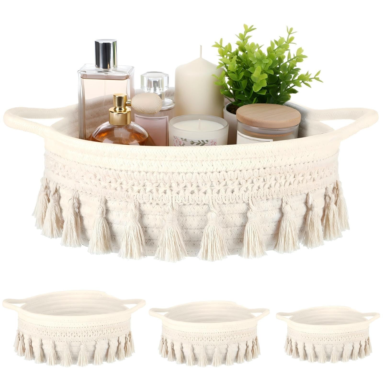 3 Pcs Round Hand Woven Storage Basket with Handle Multi-size Cotton Rope Smal...