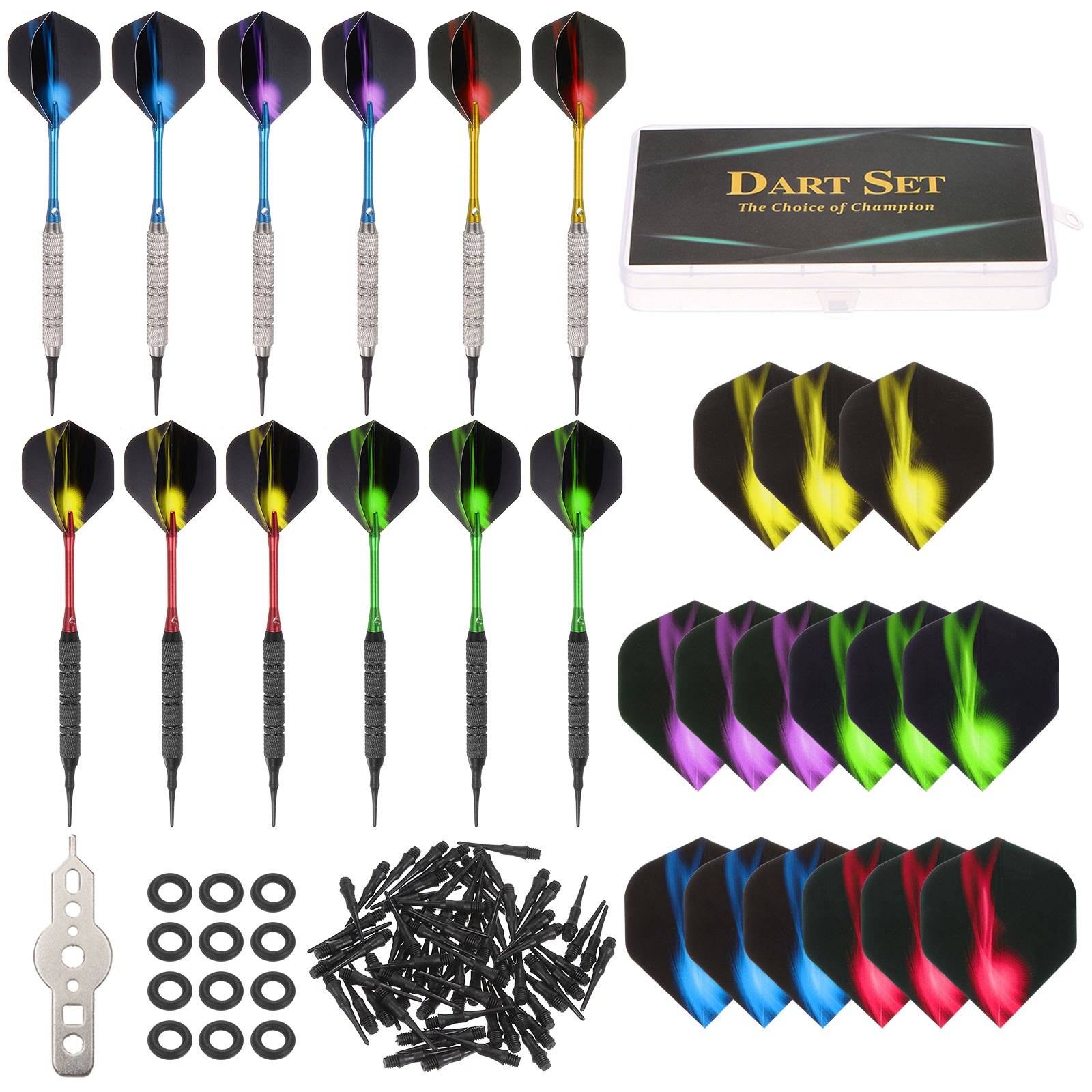 Dart Plastic Soft Tip Set 12Pcs 18G Dart 100 Extra Dart Tips 18 Flights Wrench