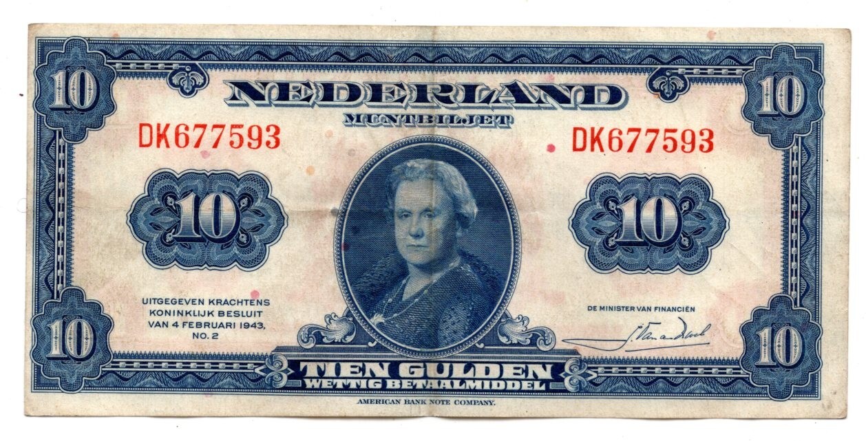 1943 Netherlands Muntbiljet 10 Gulden Note Pick-66 VF