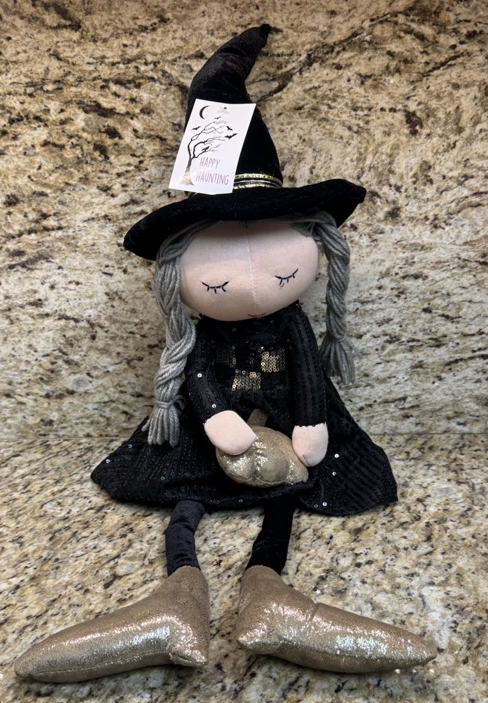 Happy Haunting Gold Halloween Shelf Sitter Plush Witch Doll Sequin Dress NWT