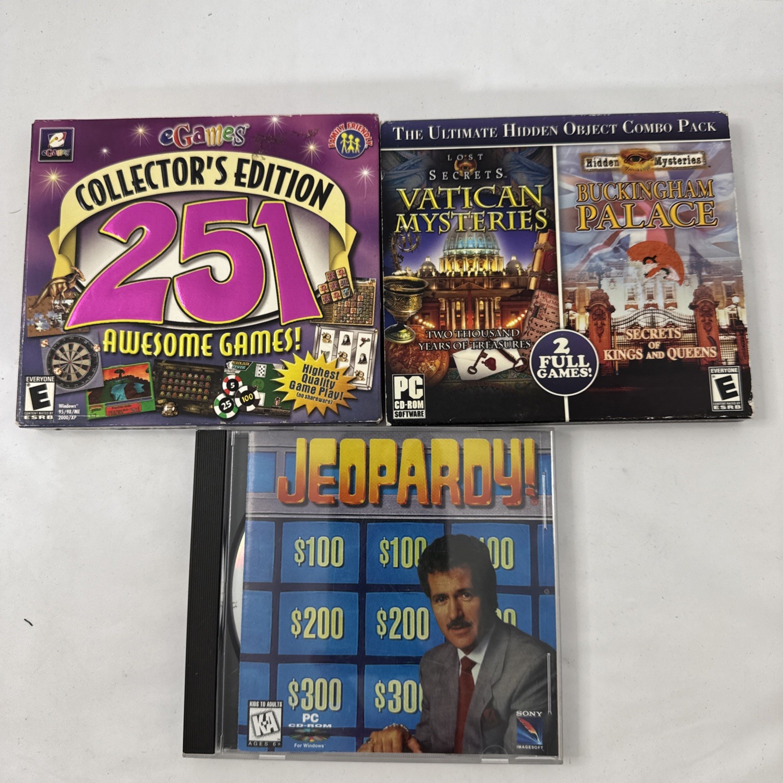 Lot of 3 CD ROM games: jeopardy, 251 Awesome Games, Hidden Object Combo (3)
