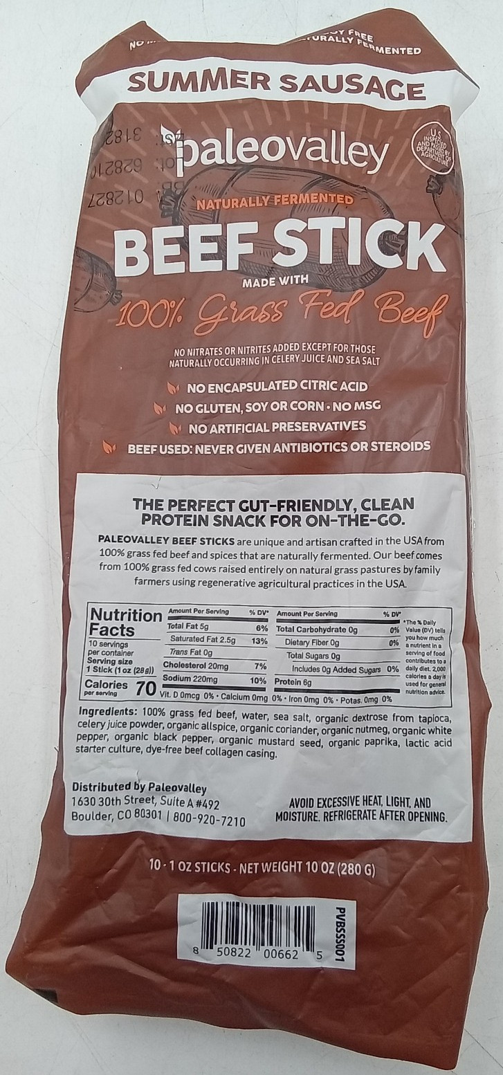 Paleovalley 100% Grass Fed Beef Sticks Summer Sausage Flavor 10 Count BB 1/27