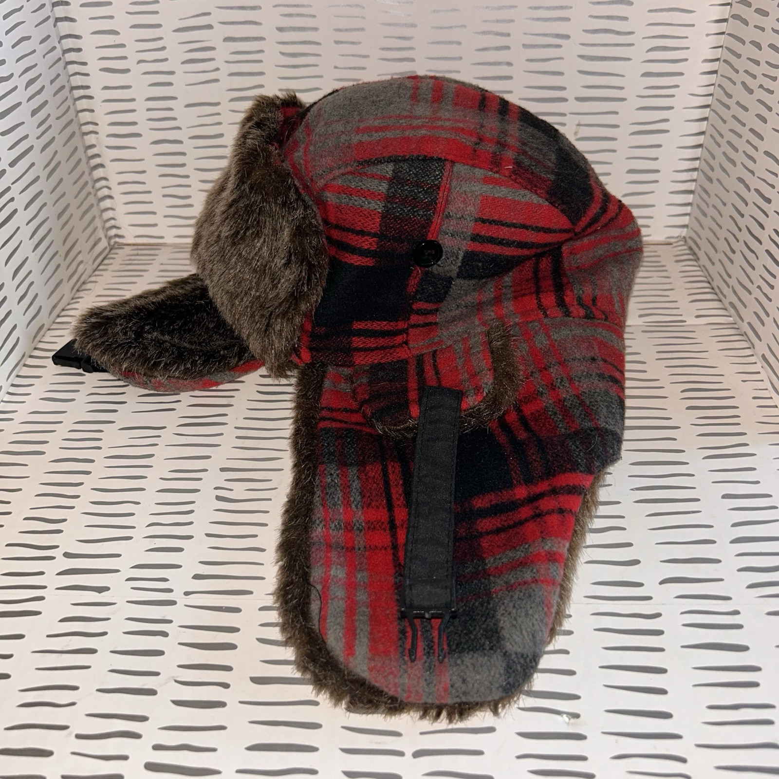 Kirra Red Plaid Trapper Fur Lined Winter Snow Hat OSFM Gorpcore