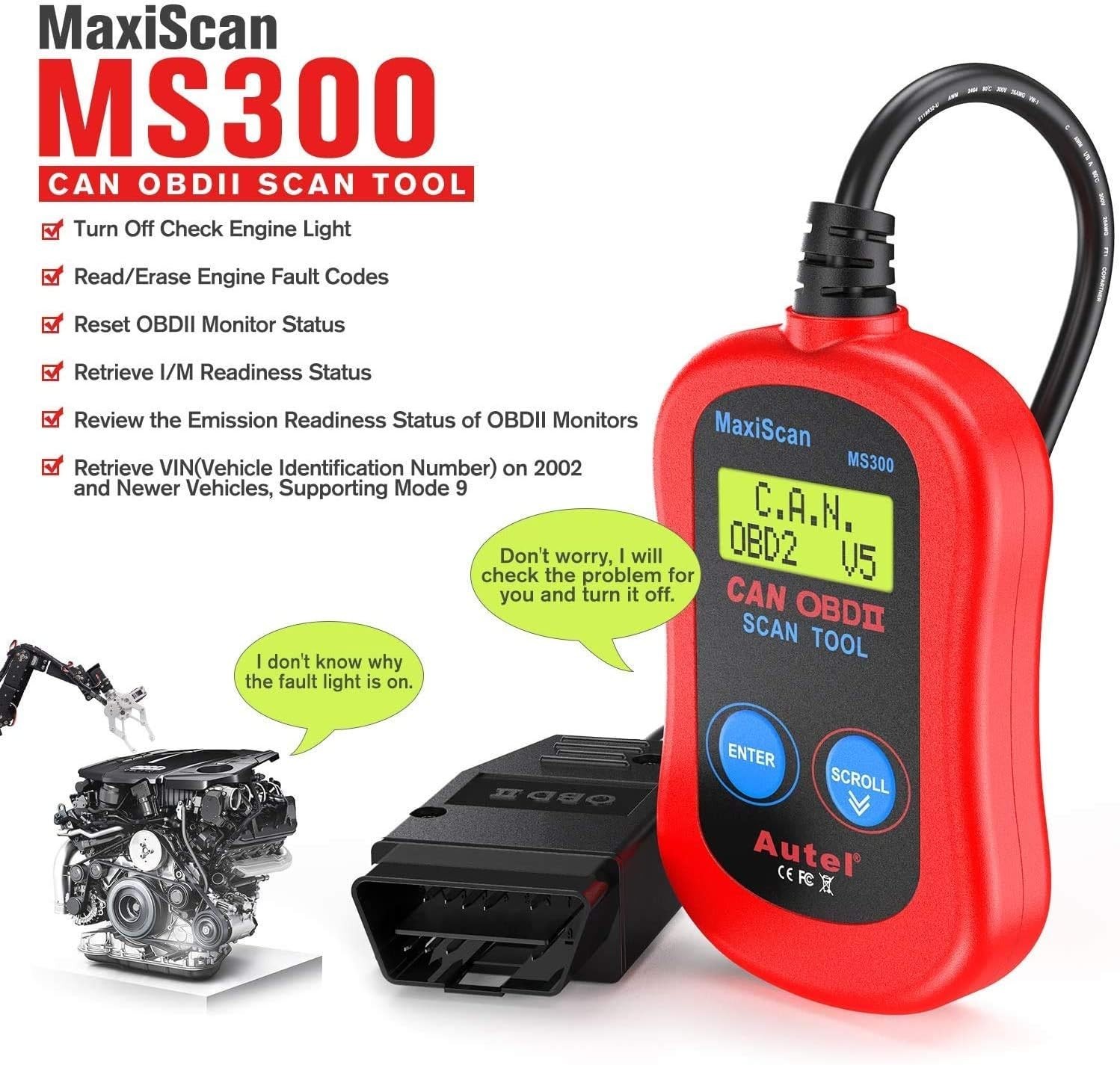 MS300 Scanner Code Reader, Turn Off Check Engine Light, Read & Erase Fault Co...