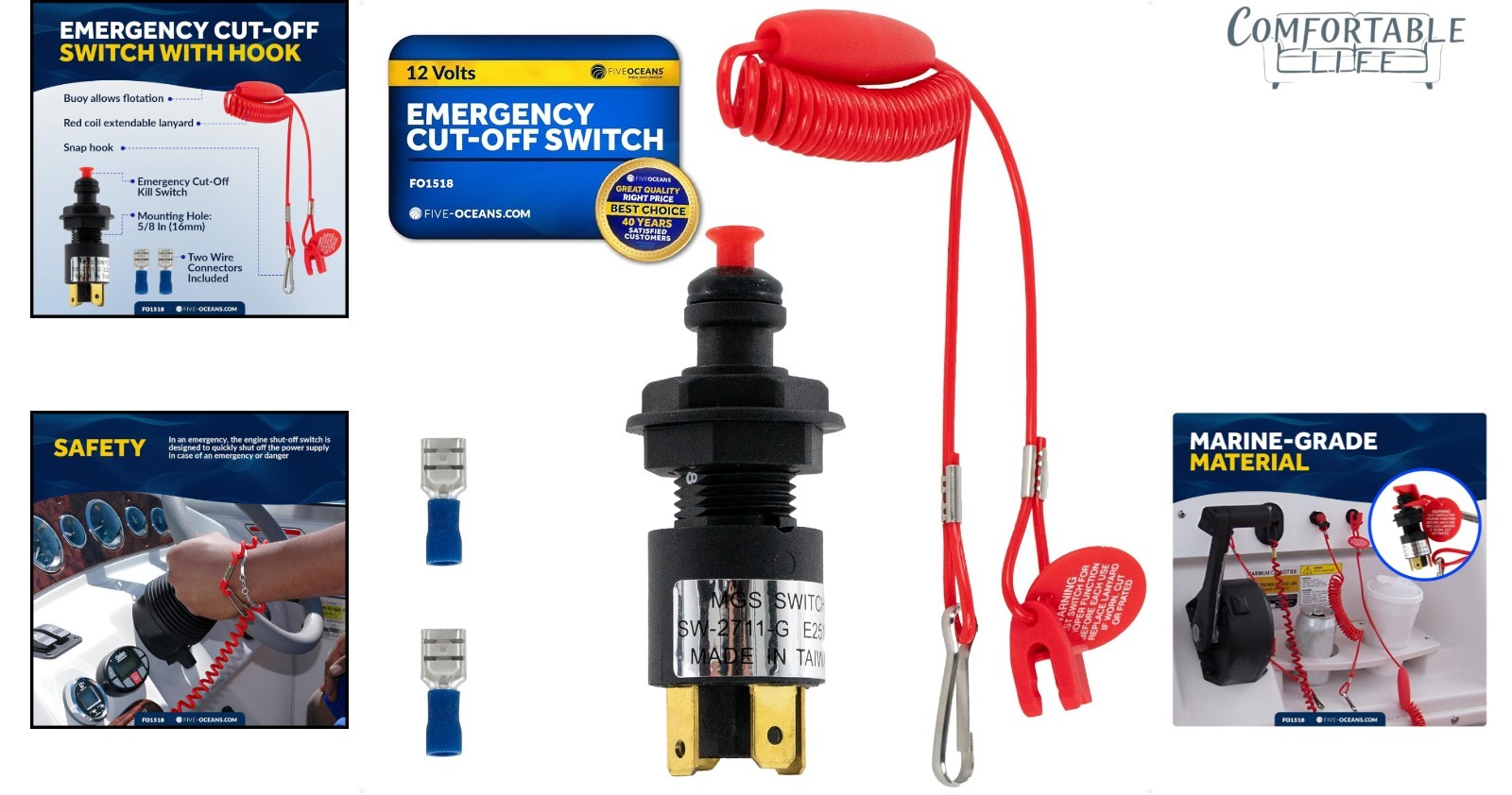 Compact Engine Shut-Off Switch with Red Buoy and Durable Lanyard for Boating