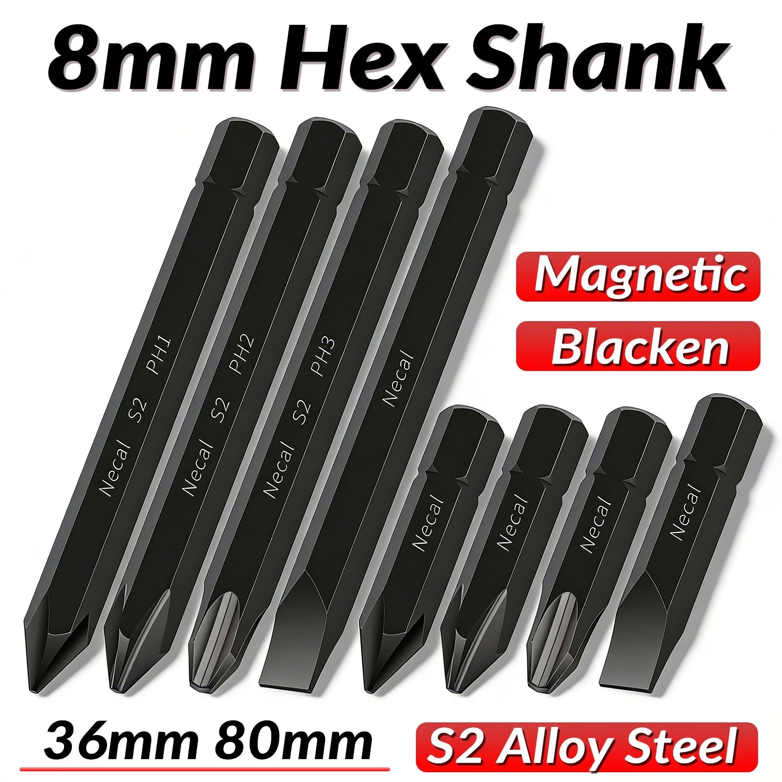 Magnetic Impact Driver Bit Set, 8mm Hex Shank Phillips/Hex/Slot Screwdriver Bits