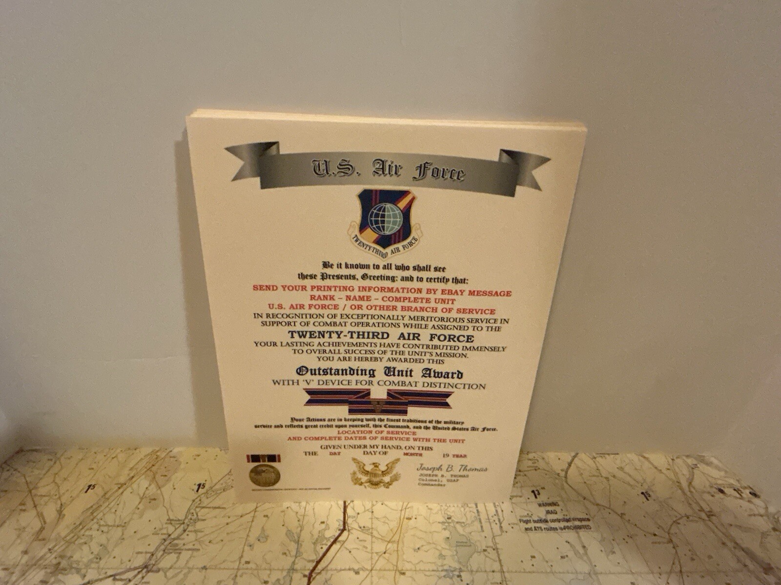 U.S. AIR FORCE / 23RD AIR FORCE - OUTSTANDING UNIT AWARD W/V DEVICE CERTIFICATE