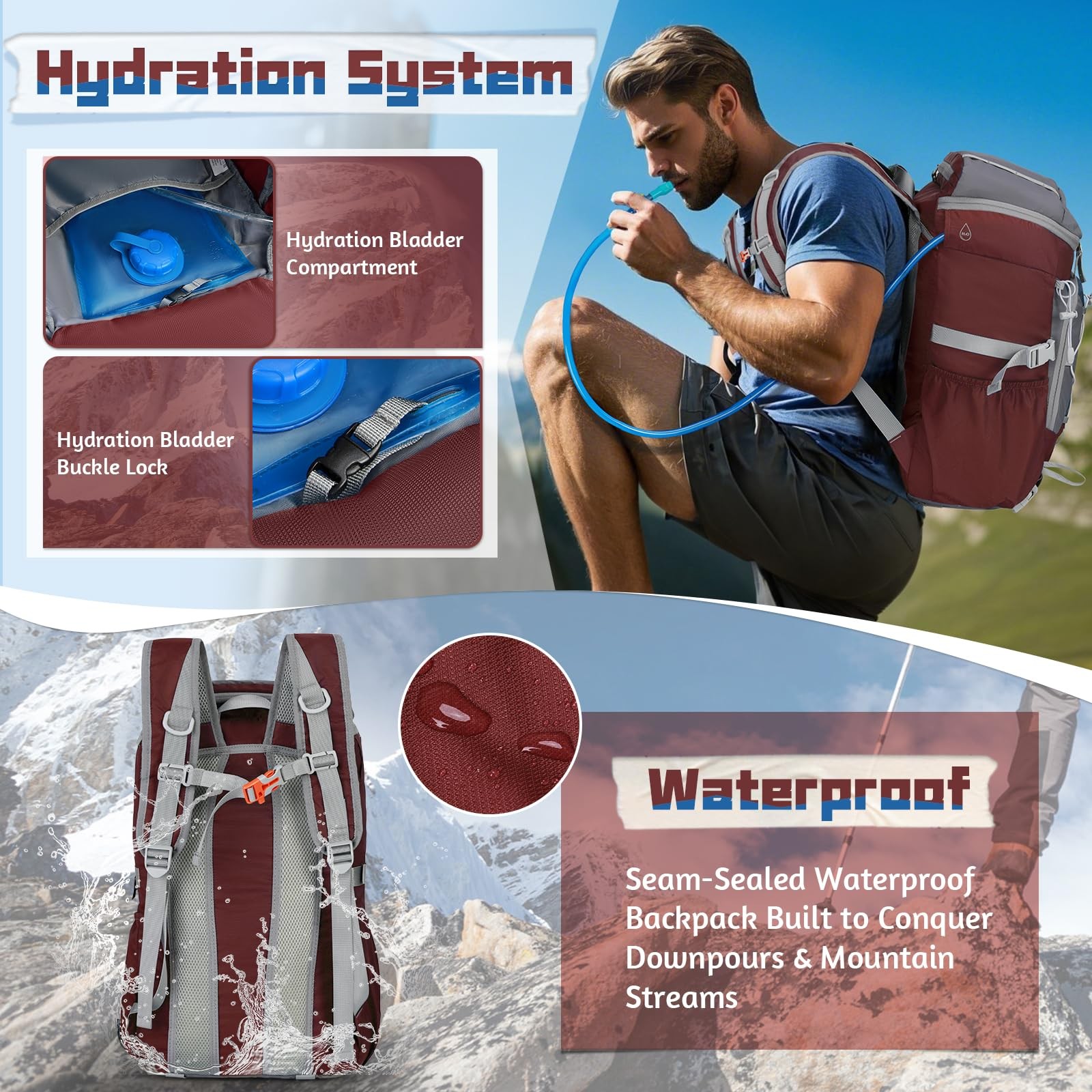 Foldable Hiking Backpack 40L Packable Camping Waterproof Daypack Red Bag