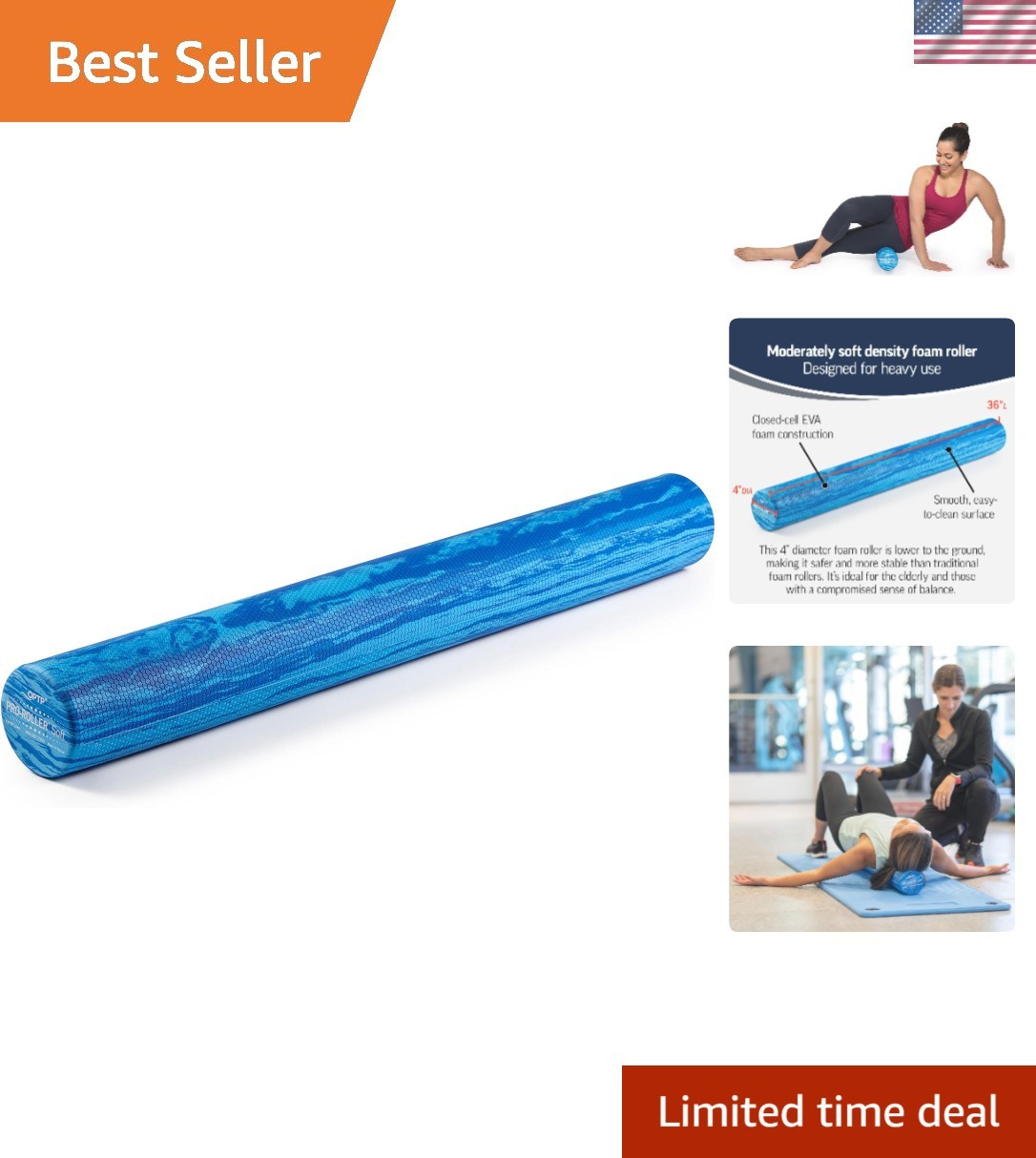 36" x 4" EVA Foam Roller - Soft Density for Gentle Muscle Release & Relaxation