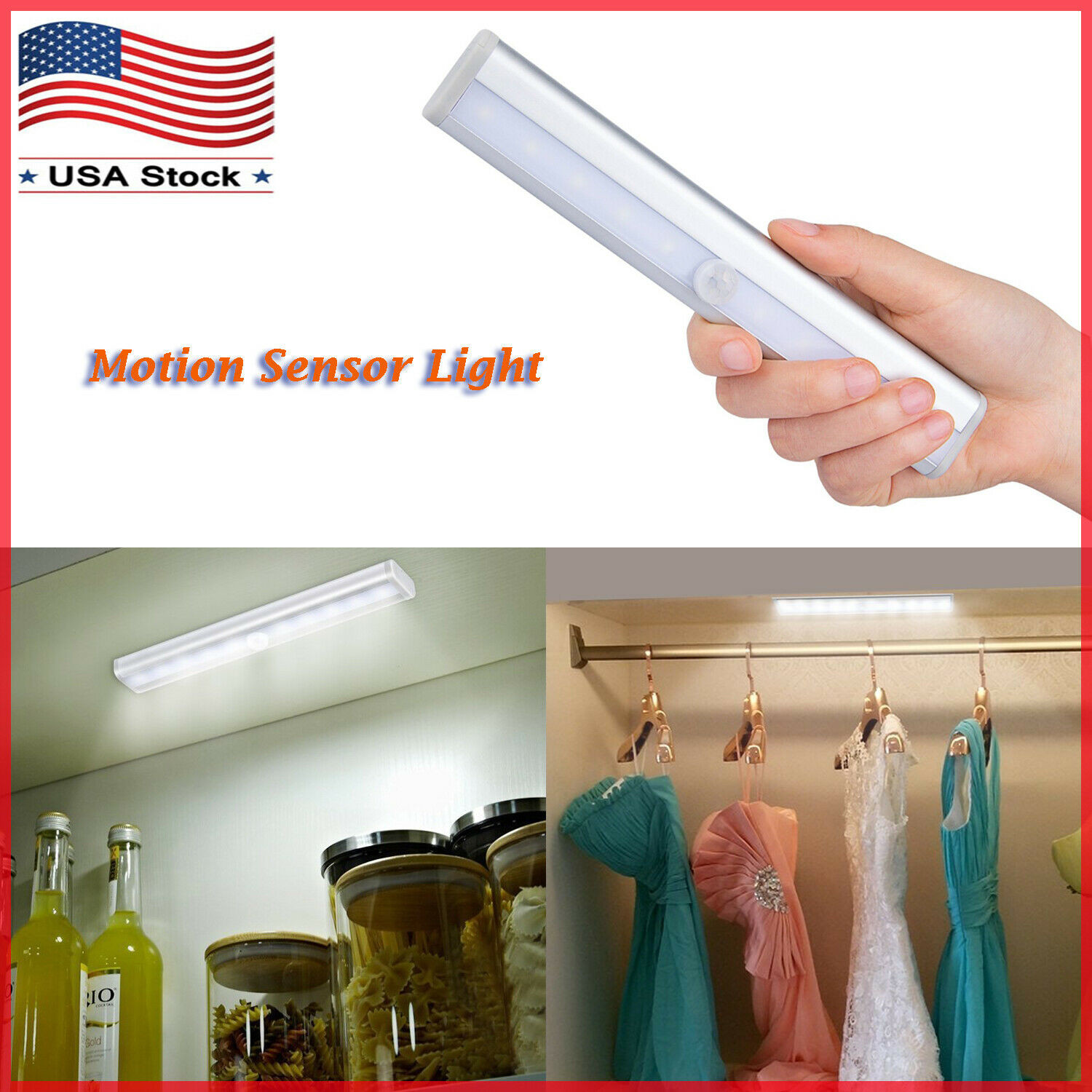 10LED Motion Sensor Light Wireless Night Cabinet Closet Battery Powered Portable