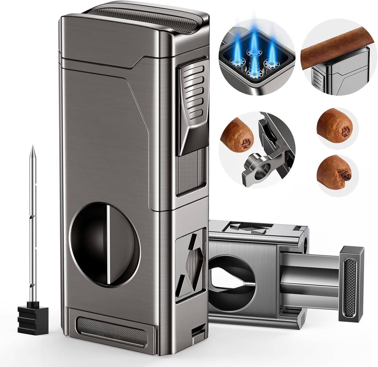 Cigar Torch Lighter 4 Jet Flame Cigar Lighter with Cigar Cutter V Cut Cigar