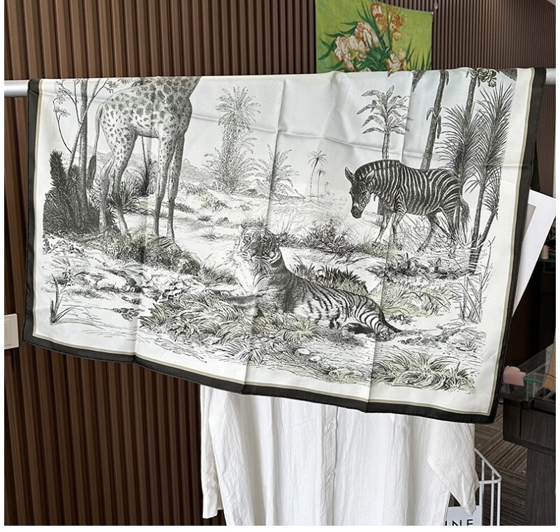 Pure 18 Momme Twill Silk Wrap Scarf Bandanna jungle world Print Square Shawl 35’