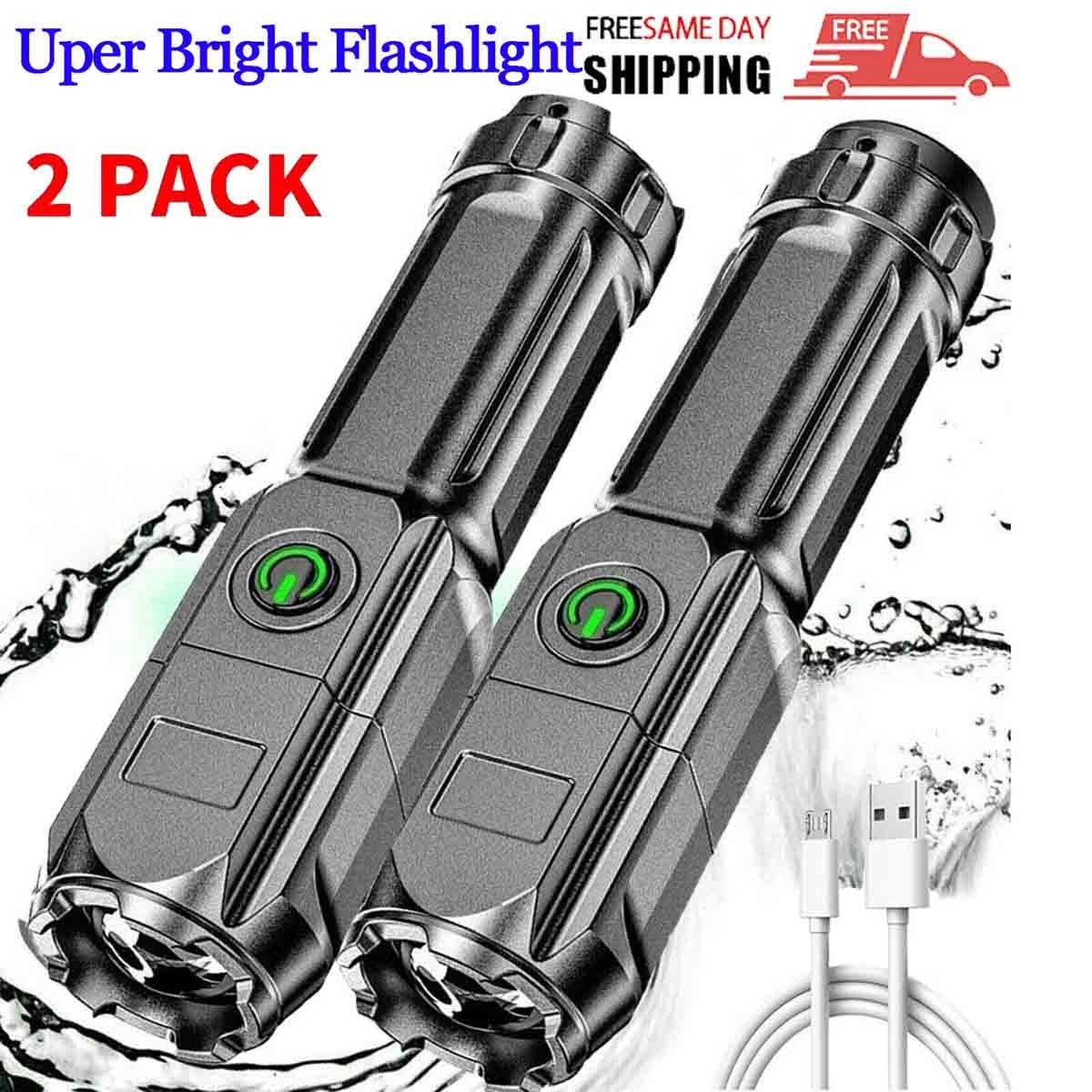 2 Pack Rechargeable Zoomable Tactical Flashlight IPX6 Waterproof LED Torch