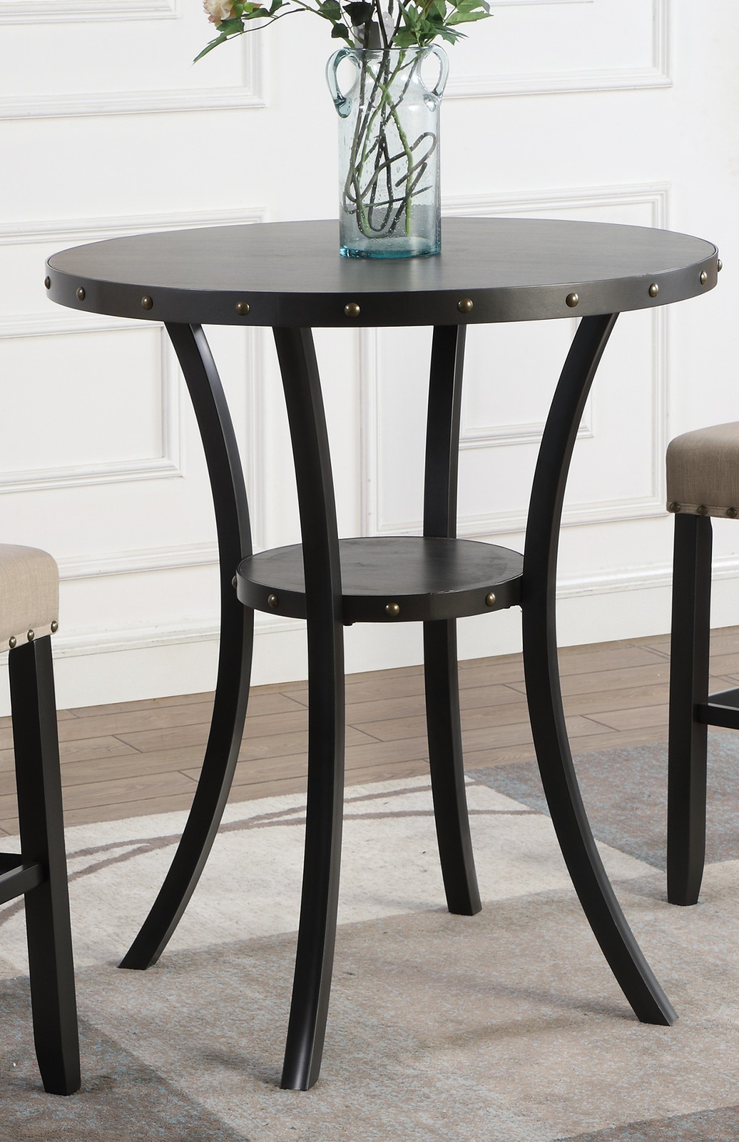 36 Inch Round Espresso Bar Table with Nailhead Trim, Dark Wood Counter Height