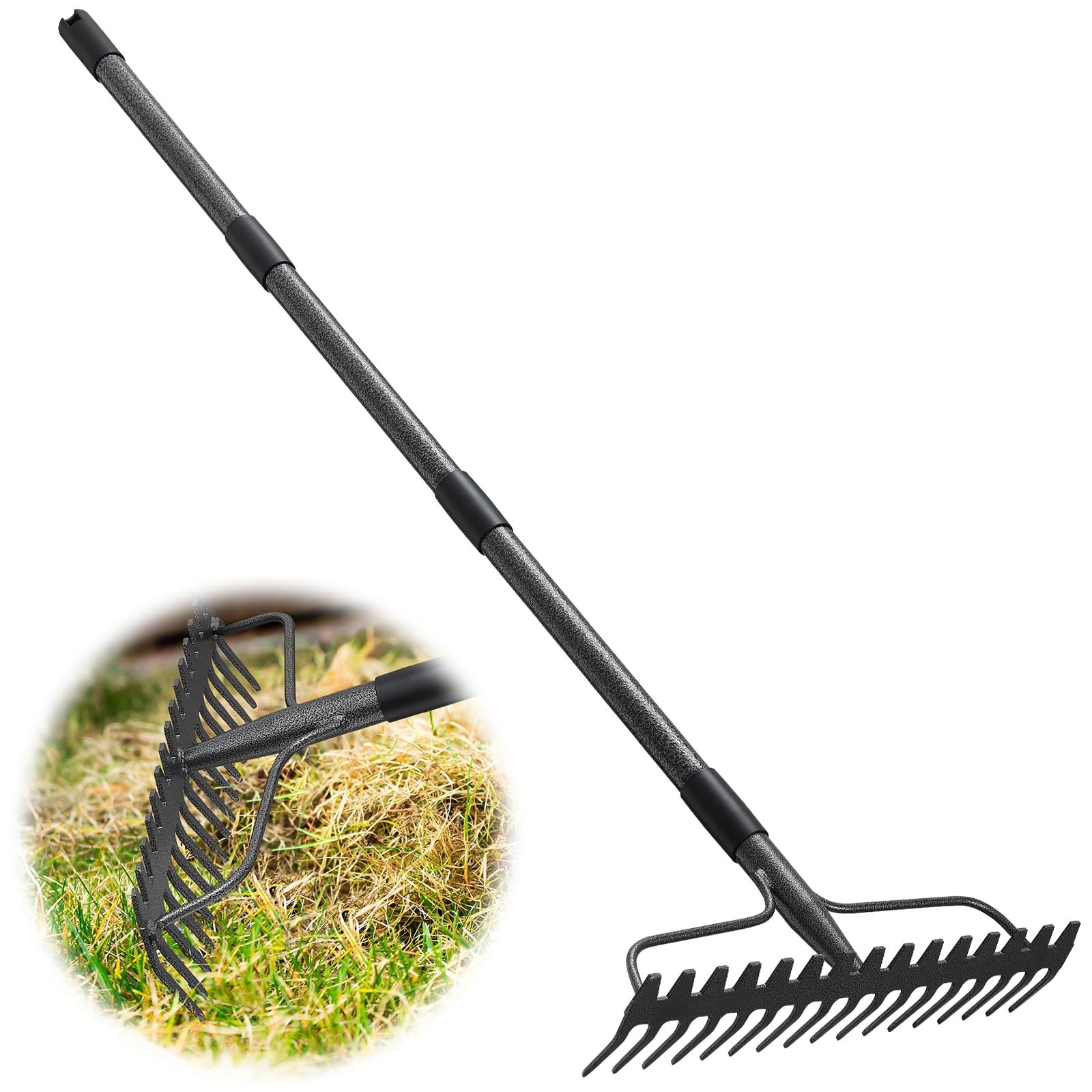 Rake, 17 Tines with 49 Inch Handle, 17 Inch Wide Heavy Duty Garden Thatch Lea...