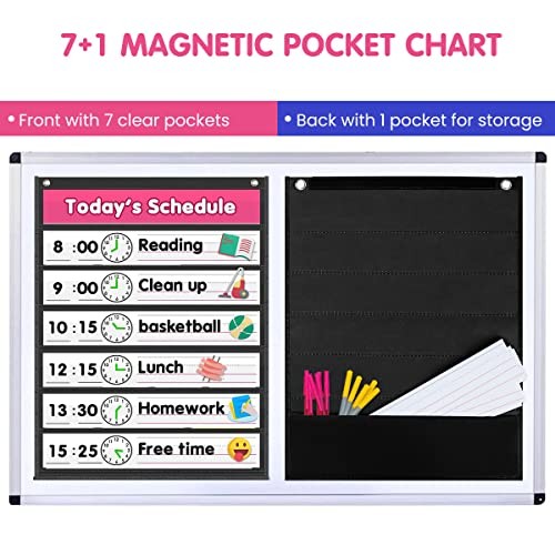 Magnetic Pocket Chart,Standard Pocket Chart with 7+1 Pockets,14 Double-Sided