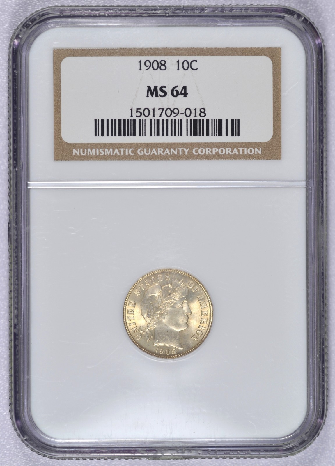 1908 BARBER DIME NGC MS64 CHOICE BU COIN LUSTER