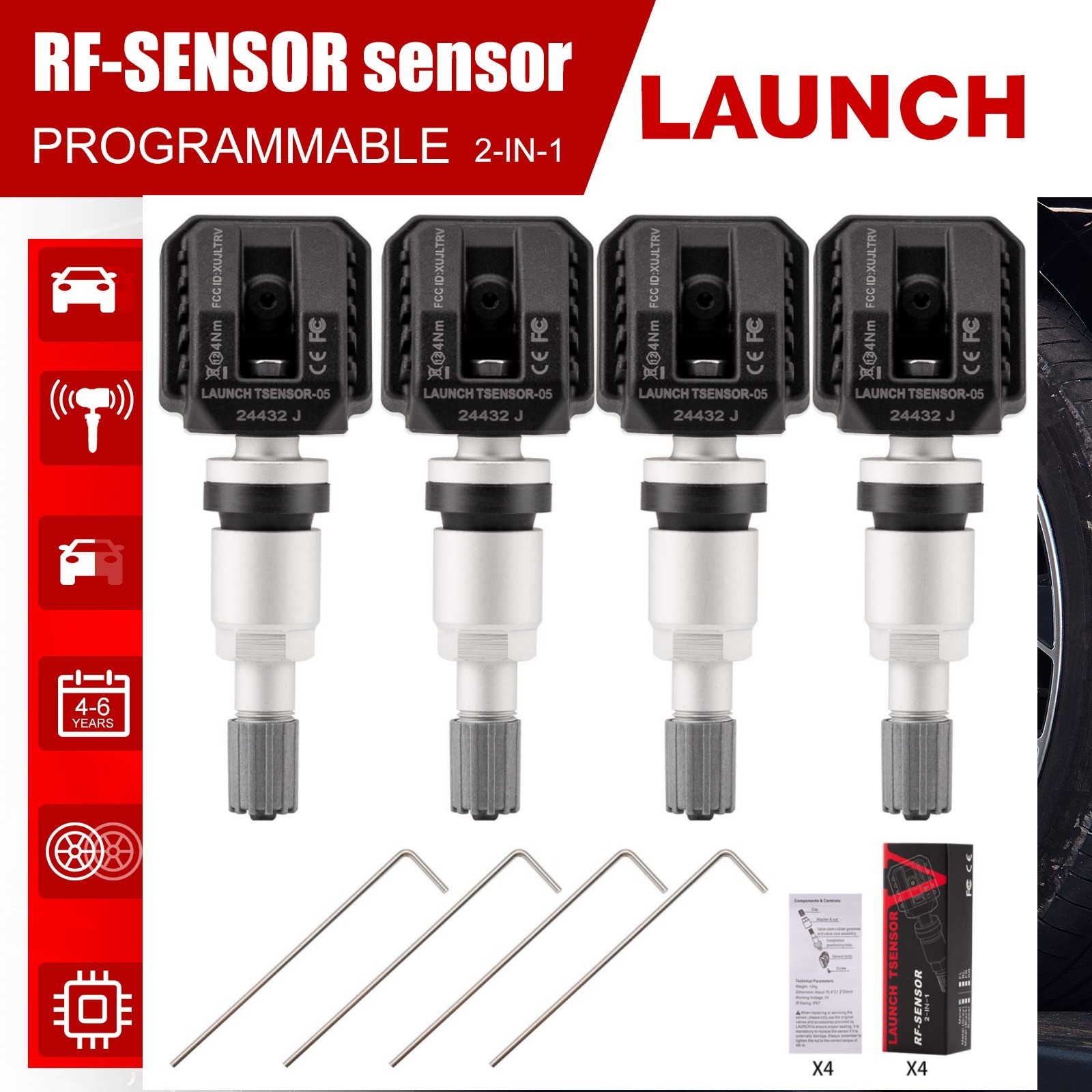 4pcs LAUNCH LTR-05 TSENSOR-05 RF Sensor Progarmmable TPMS Sensor 315MHz&433MHz