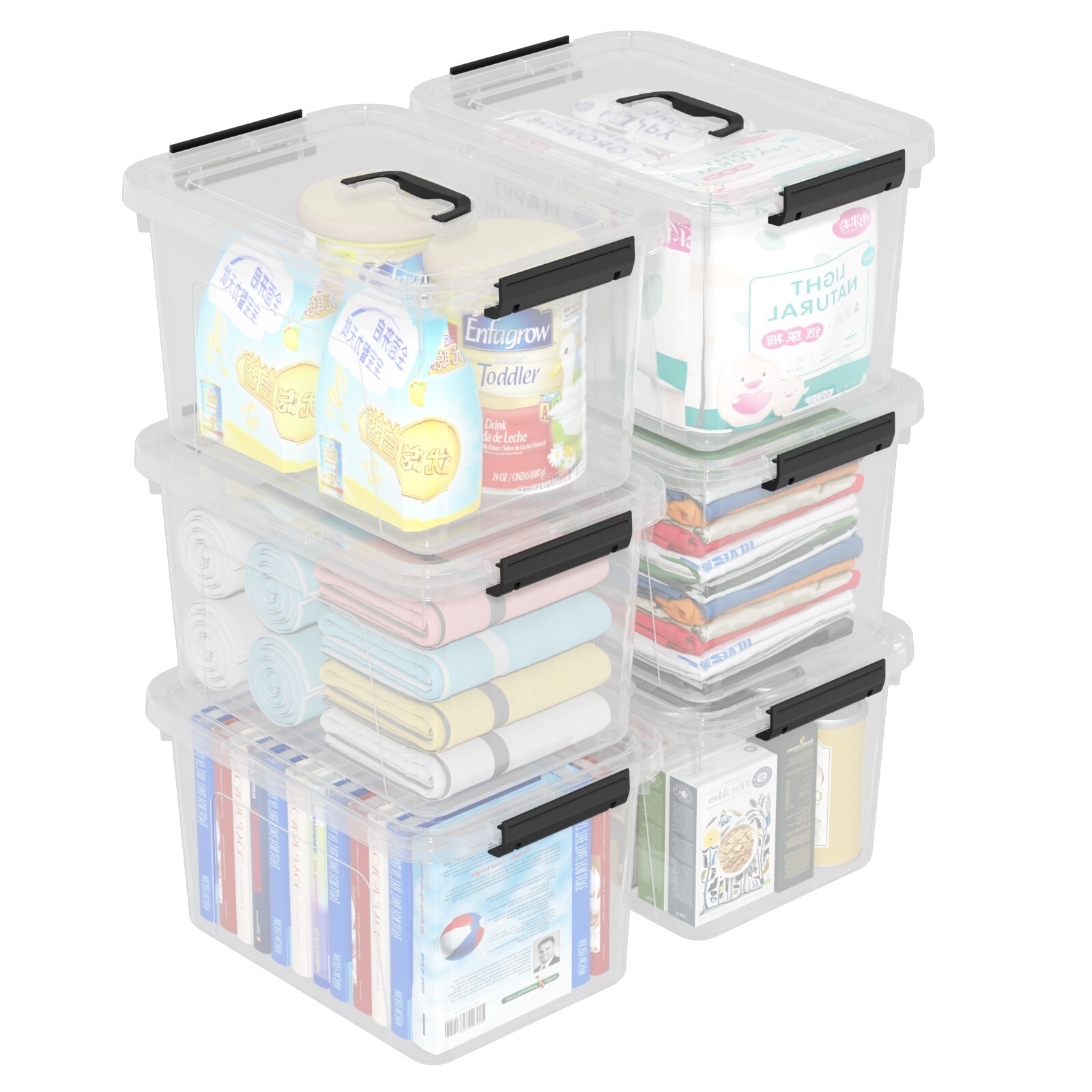 6PCS 20 Quart Latching Storage Box Stackable Bin W/ Latch Lid Plastic Container
