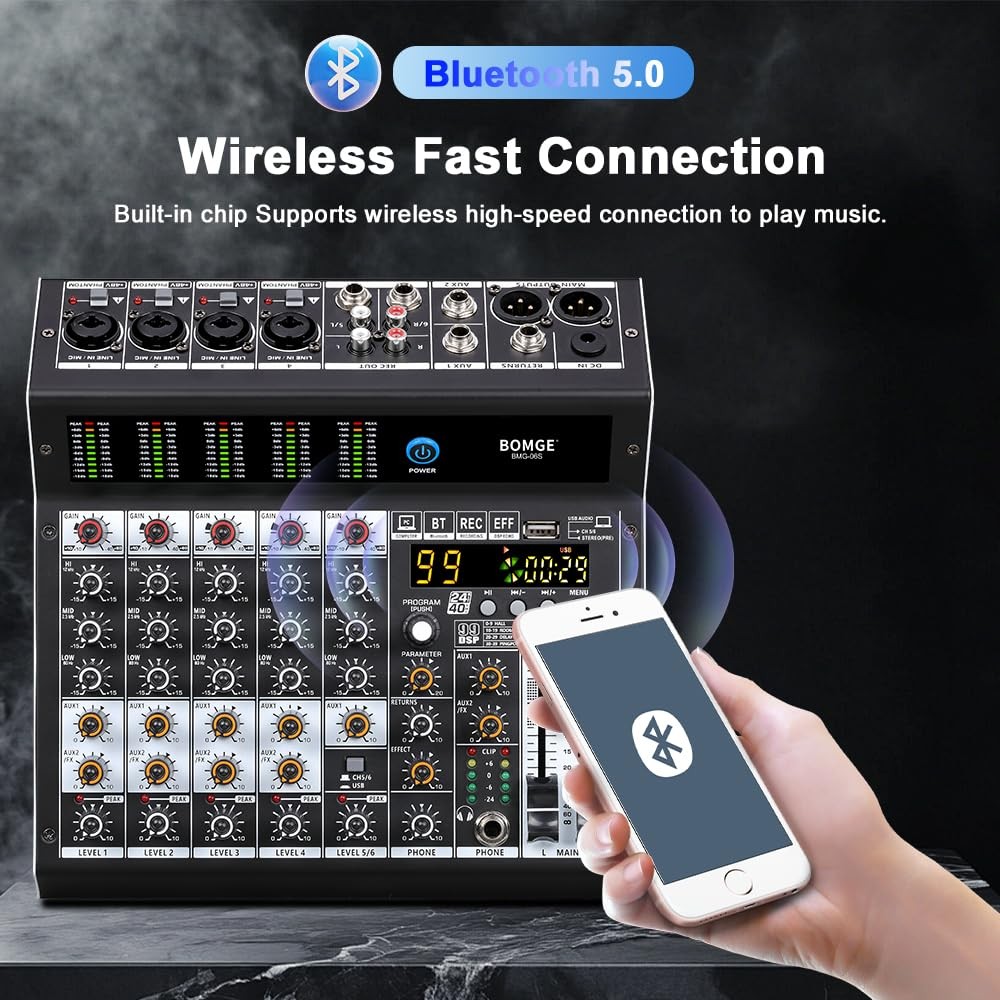 6Channel Audio Mixer with 99 DSP Effects, Bluetooth, USB, and Phantom Power